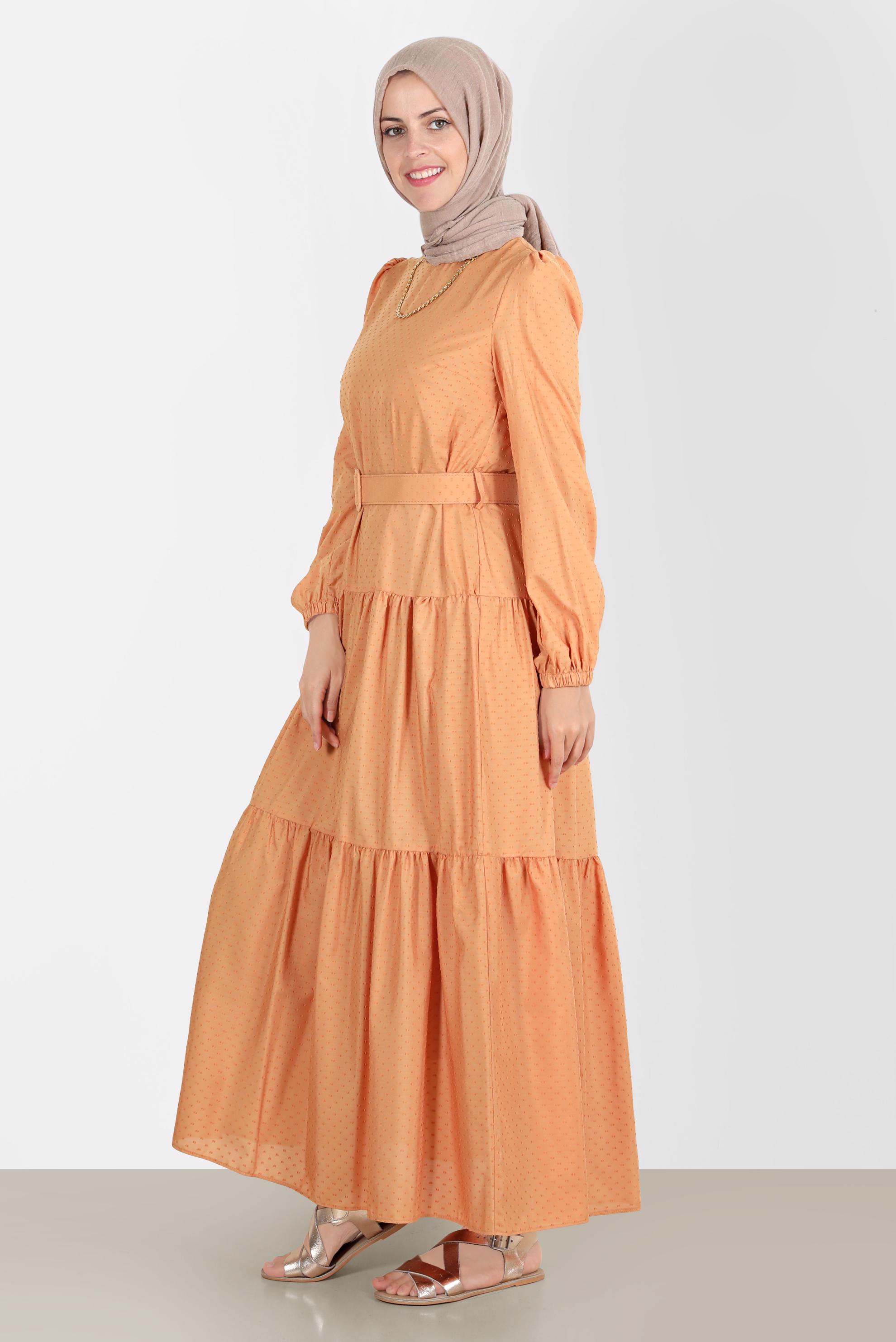 Tesettür giyim SARI KEMERLİ KATLI ELBİSE 42921 