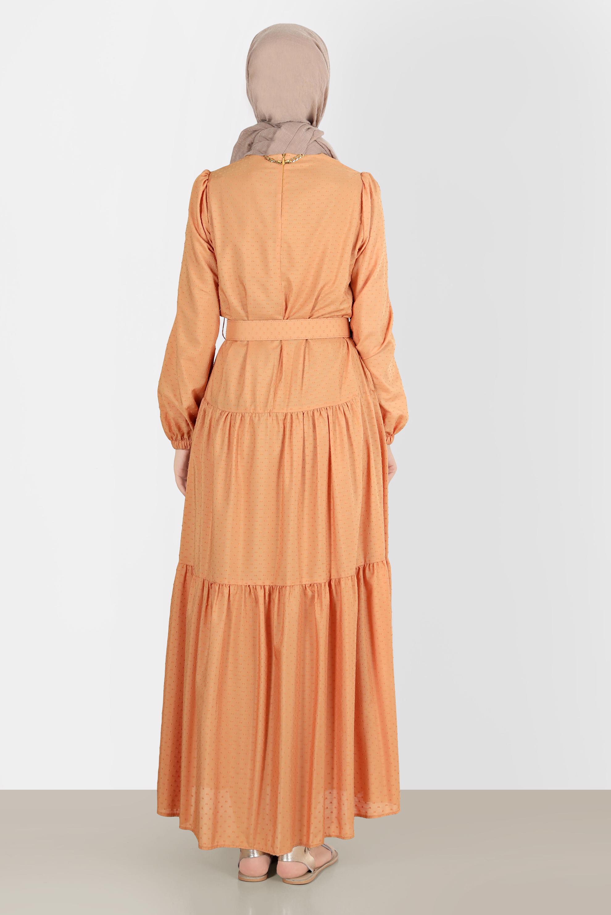 Tesettür giyim SARI KEMERLİ KATLI ELBİSE 42921 