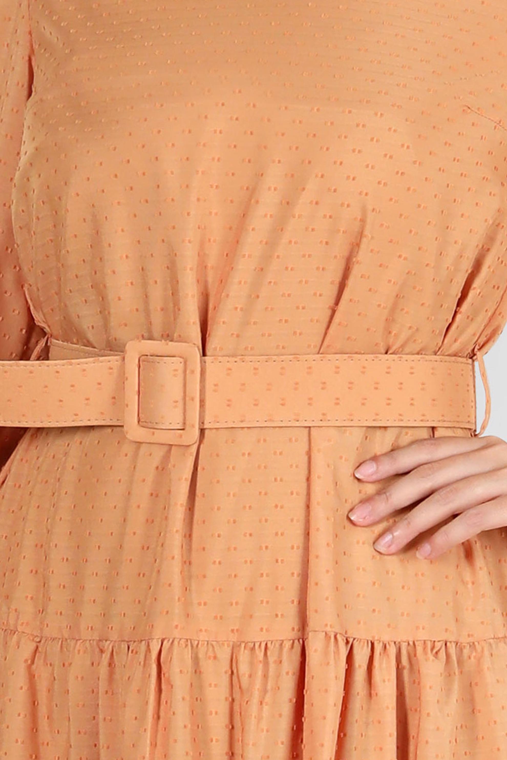 Tesettür giyim SARI KEMERLİ KATLI ELBİSE 42921 