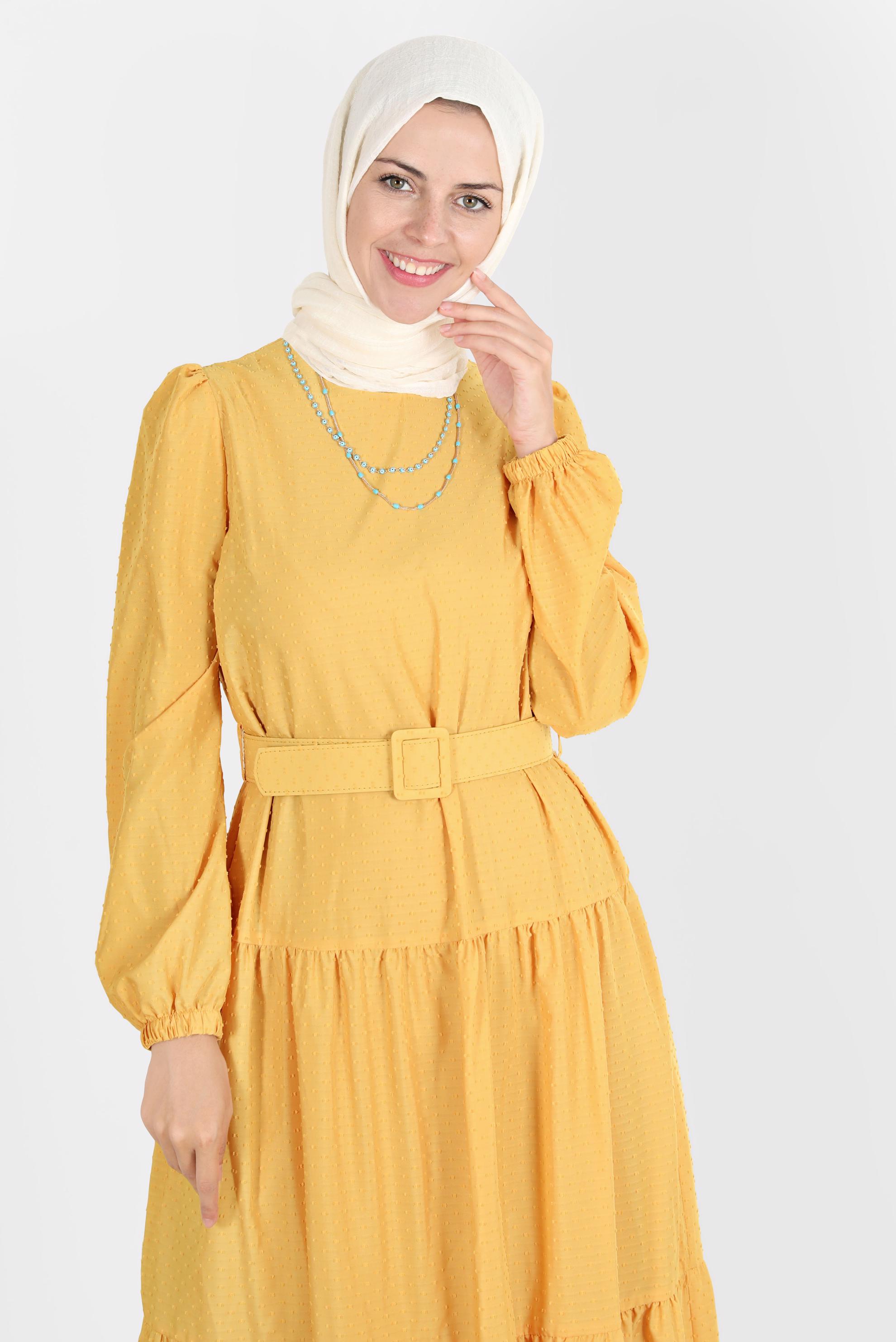 Tesettür giyim SARI KEMERLİ KATLI ELBİSE 42921 