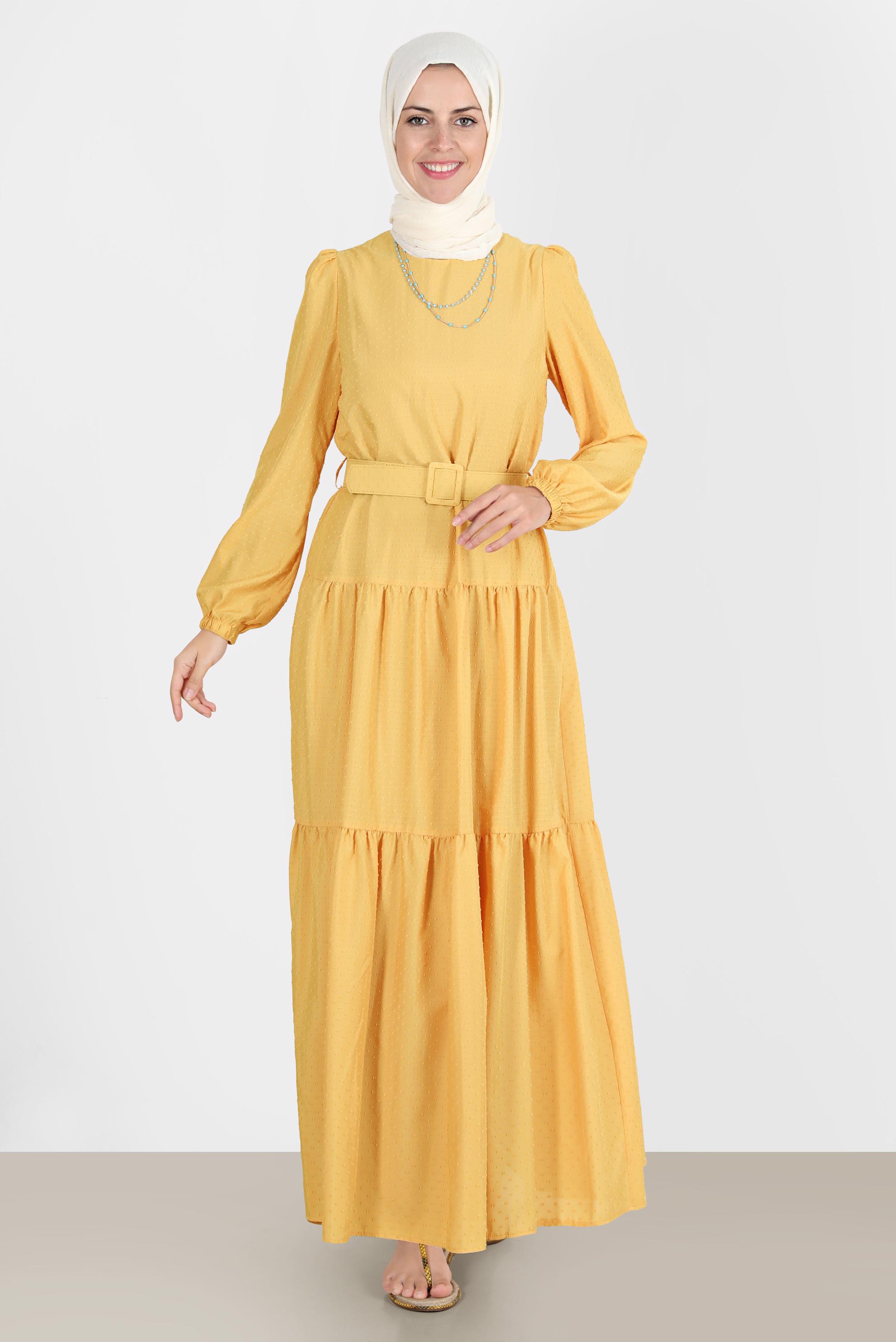Tesettür giyim SARI KEMERLİ KATLI ELBİSE 42921 