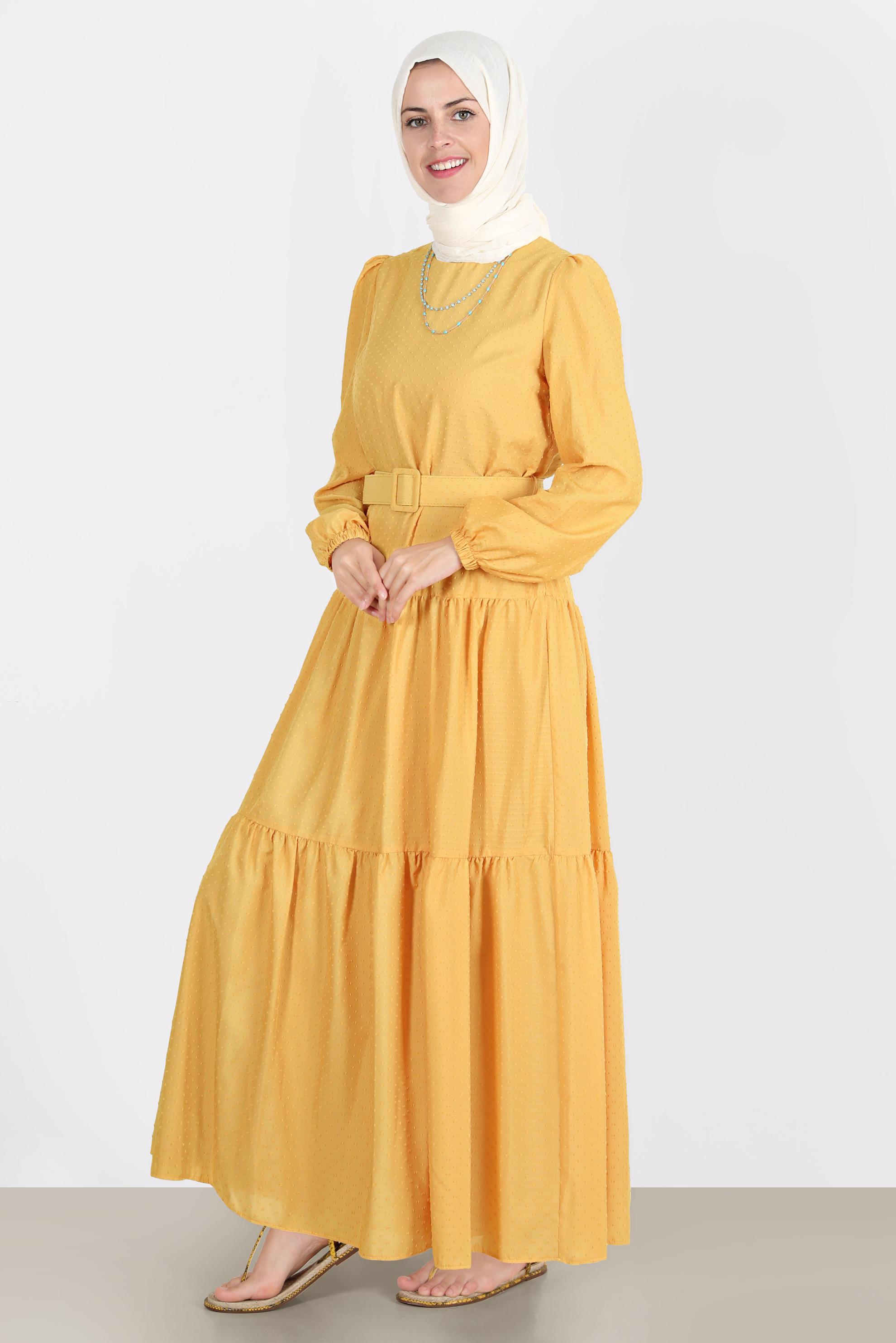 Tesettür giyim SARI KEMERLİ KATLI ELBİSE 42921 