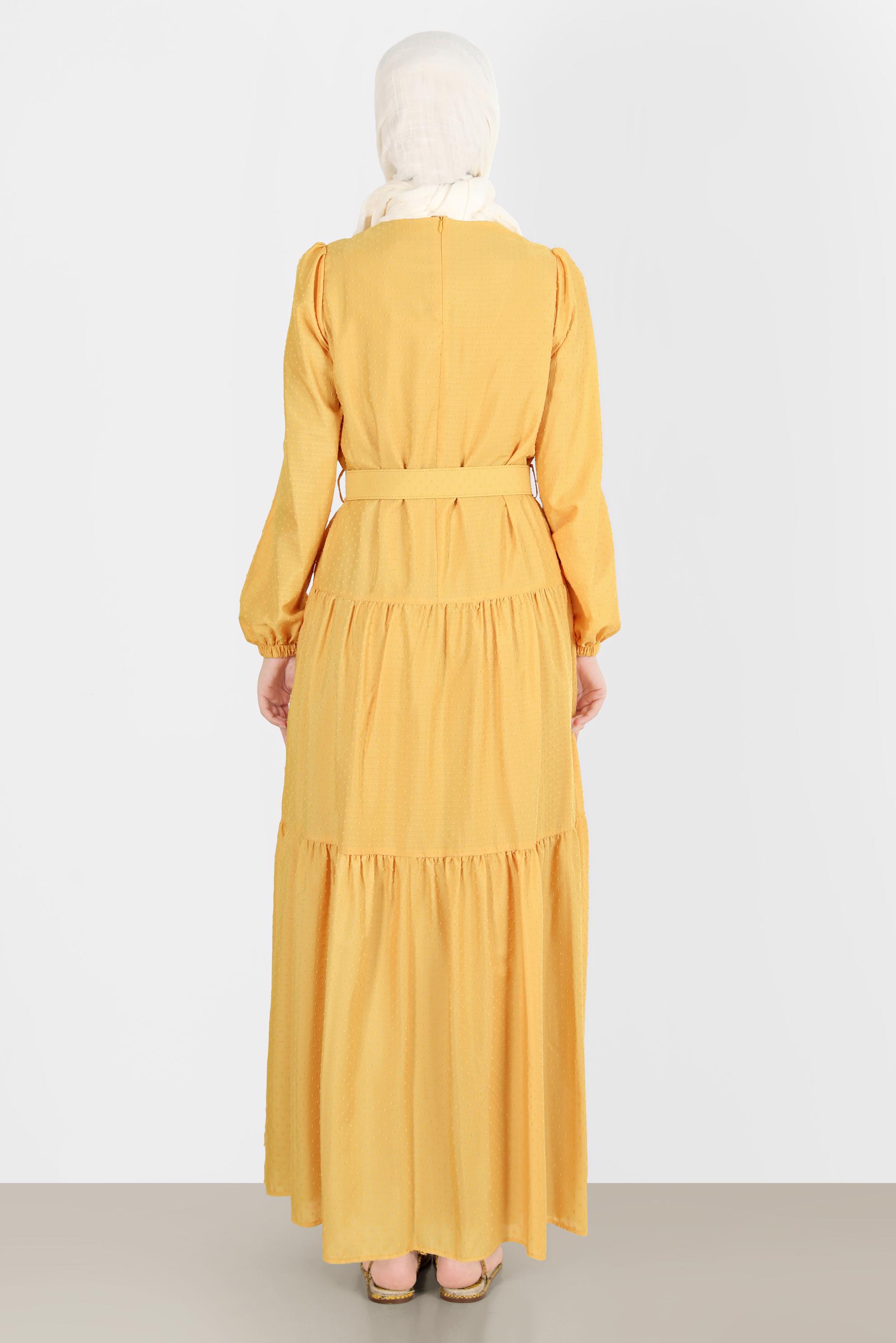 Tesettür giyim SARI KEMERLİ KATLI ELBİSE 42921 