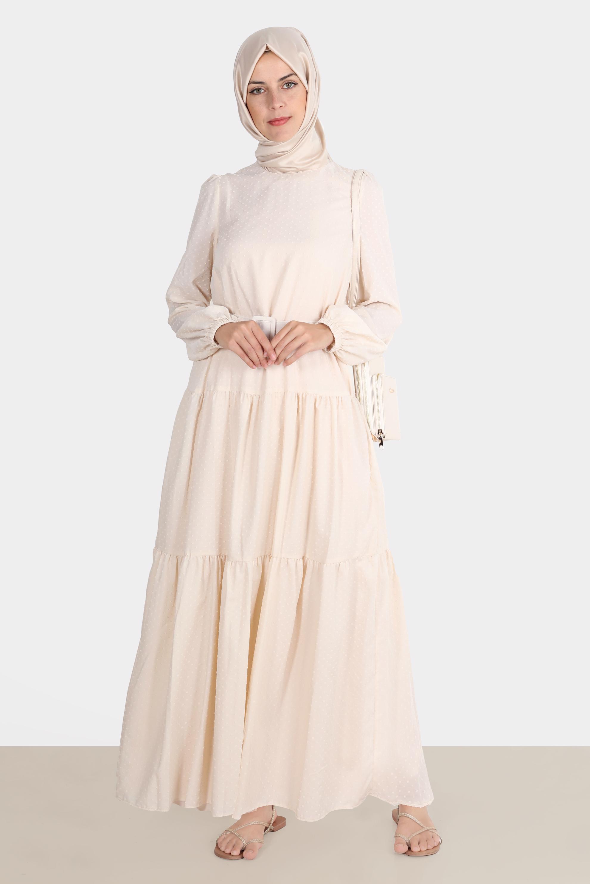 Hijab clothing BEIGE BELTED TIERED DRESS 42921 