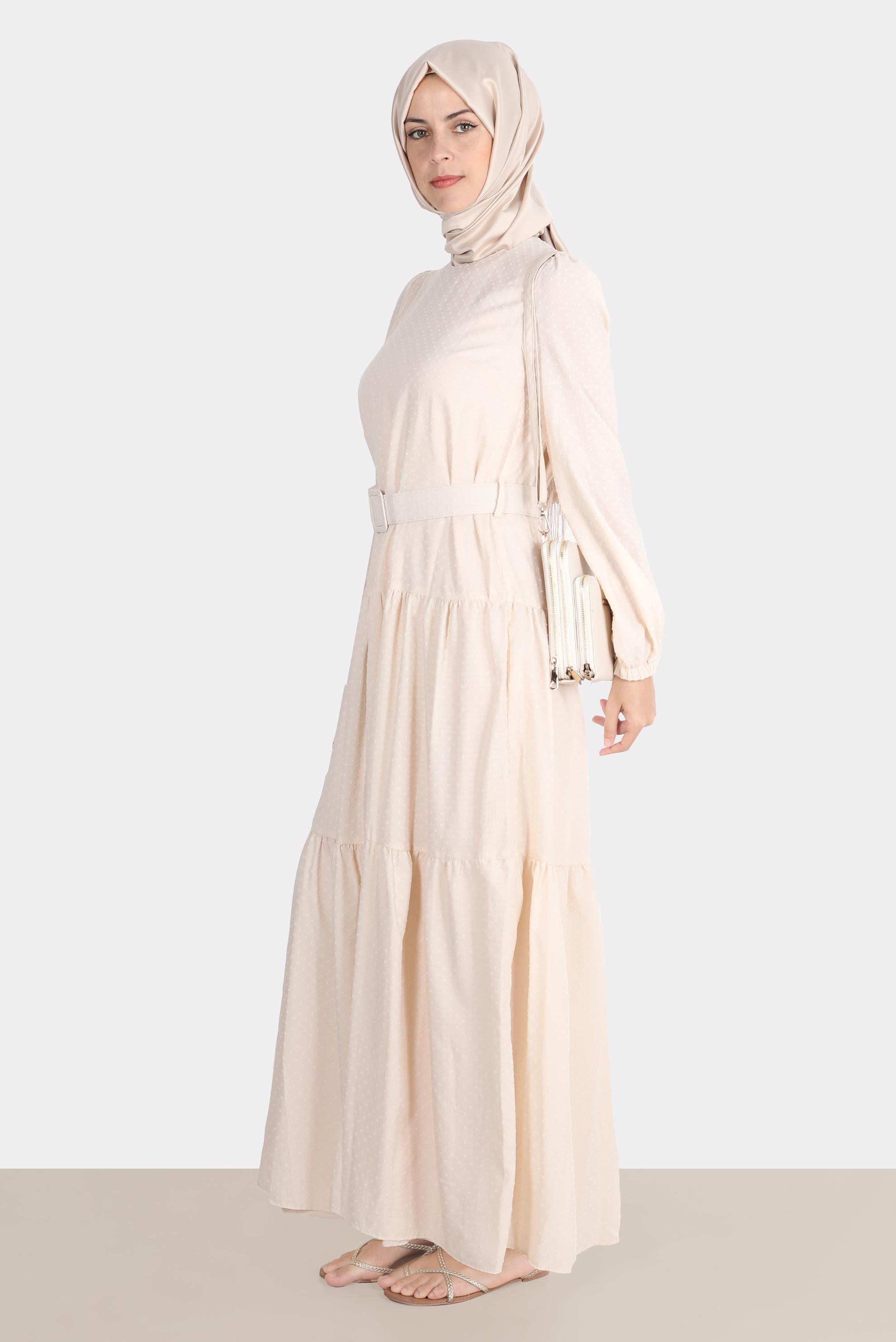 Hijab clothing BEIGE BELTED TIERED DRESS 42921 