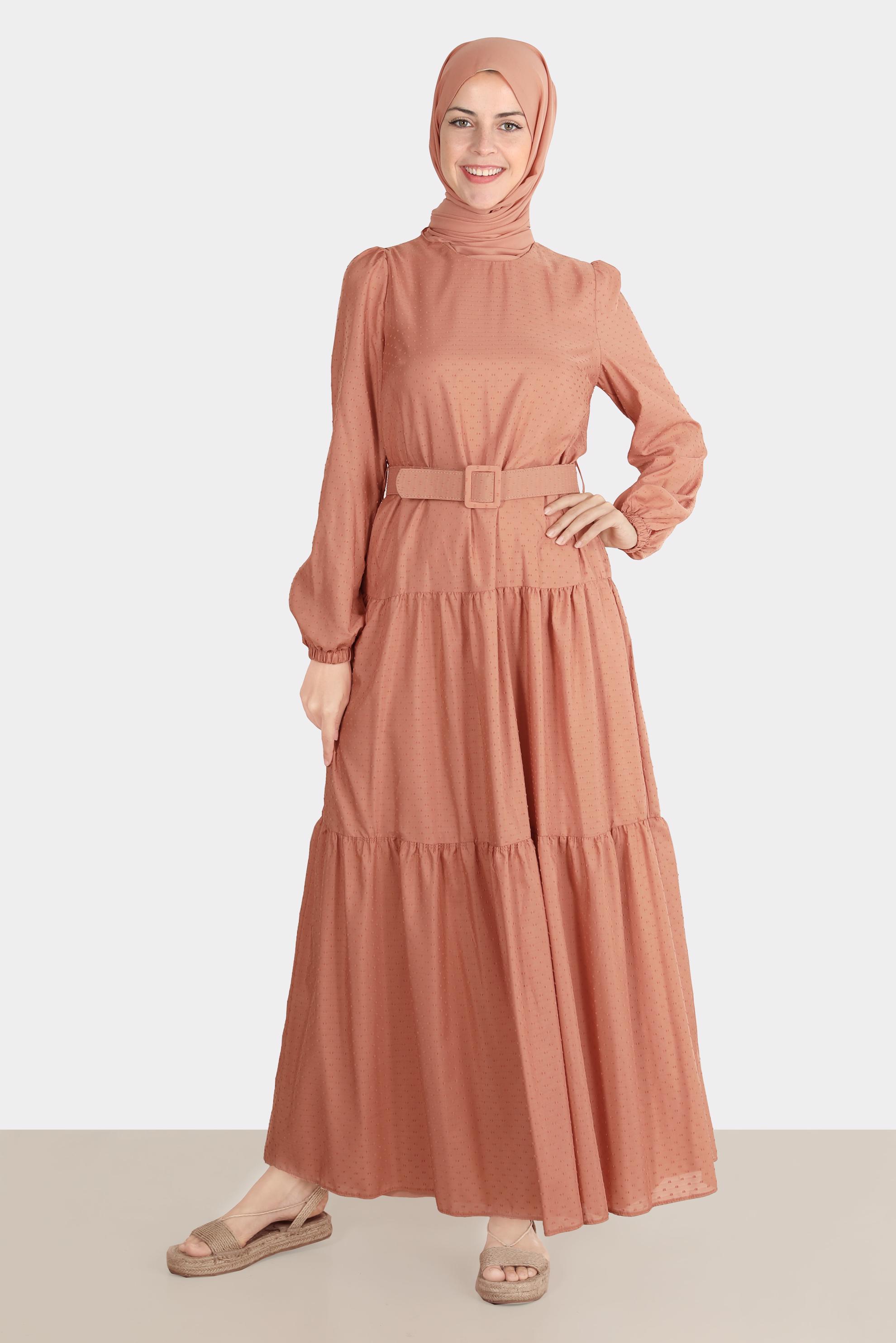 Tesettür giyim TURUNCU KEMERLİ KATLI ELBİSE 42921 