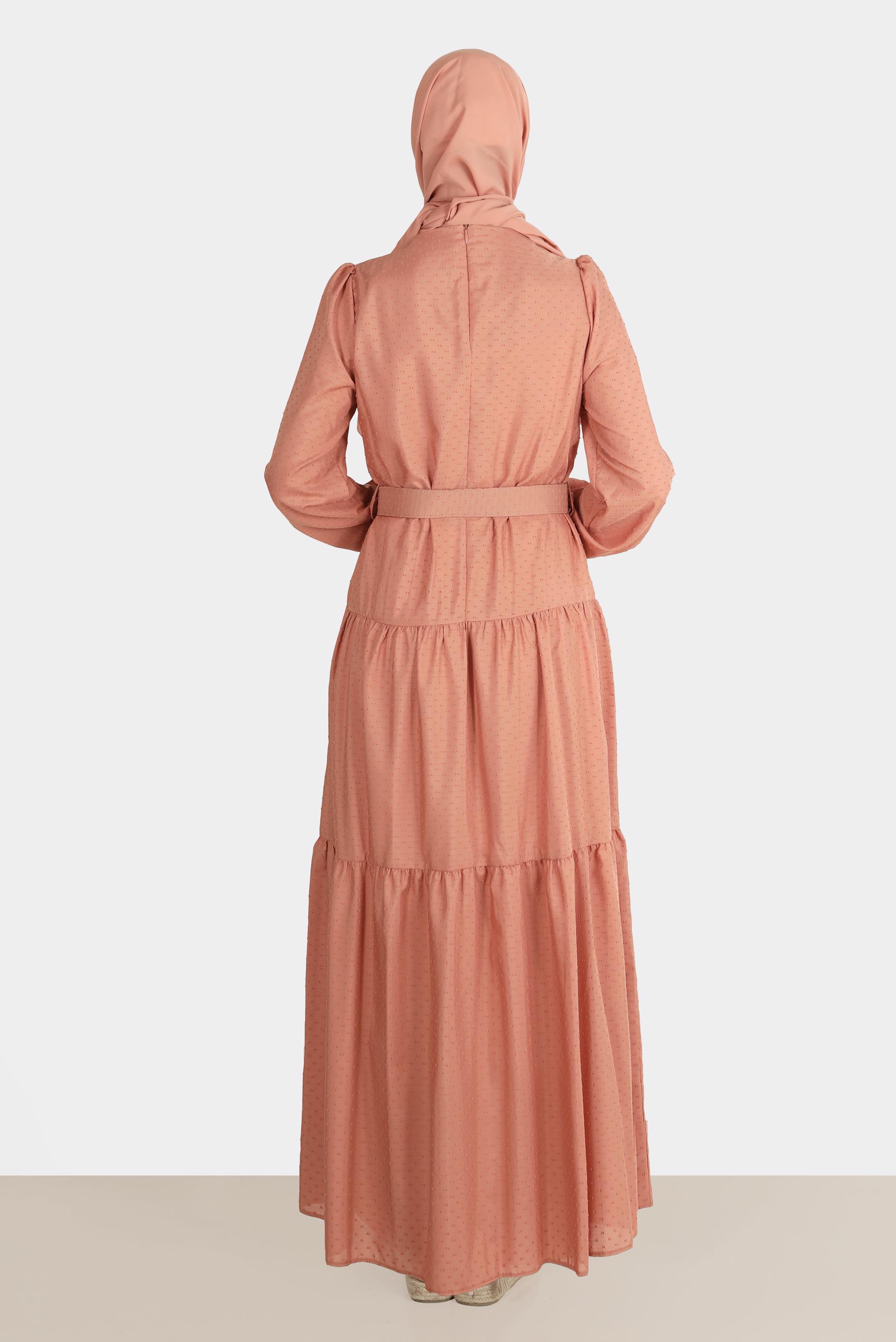 Tesettür giyim TURUNCU KEMERLİ KATLI ELBİSE 42921 