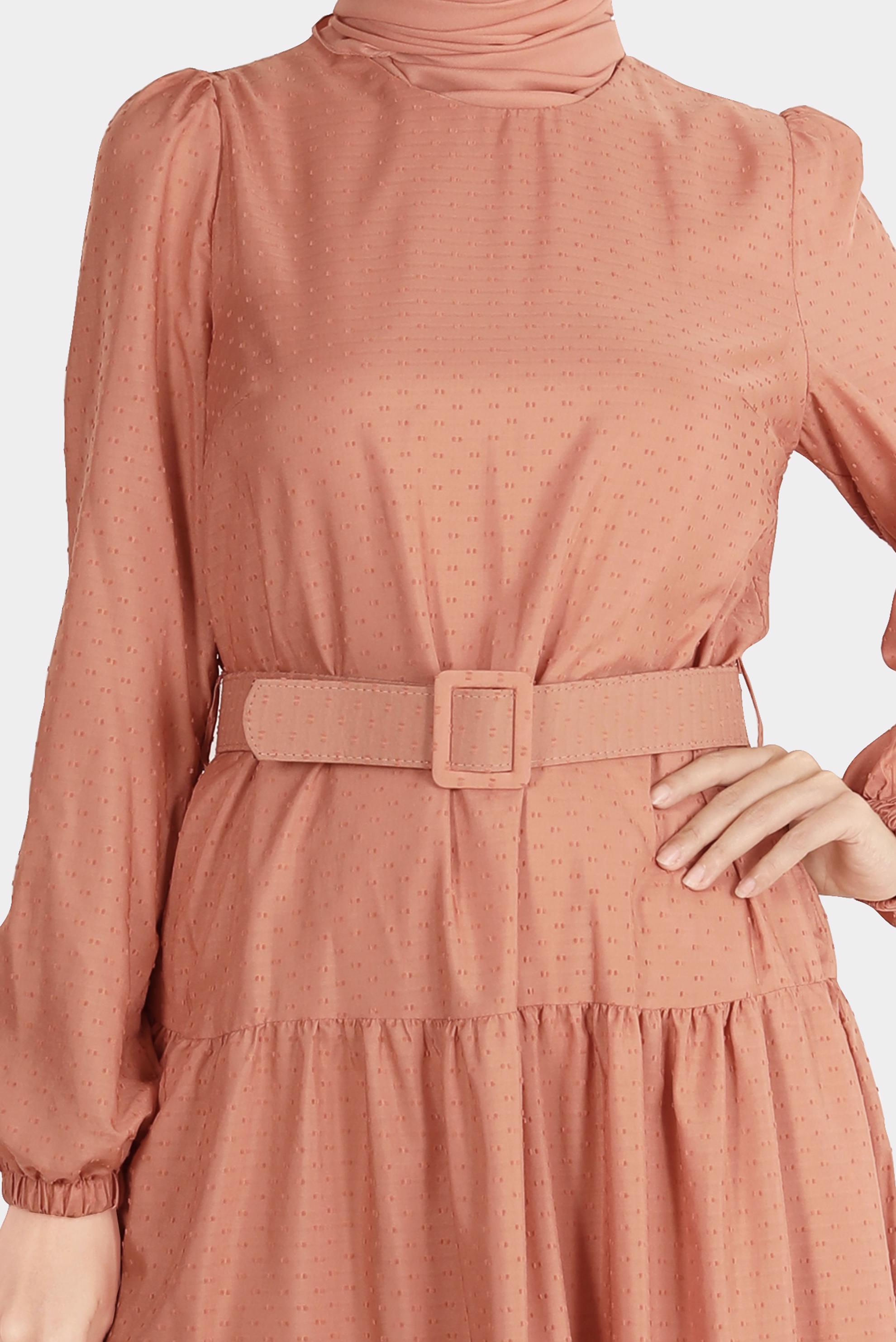 Tesettür giyim TURUNCU KEMERLİ KATLI ELBİSE 42921 