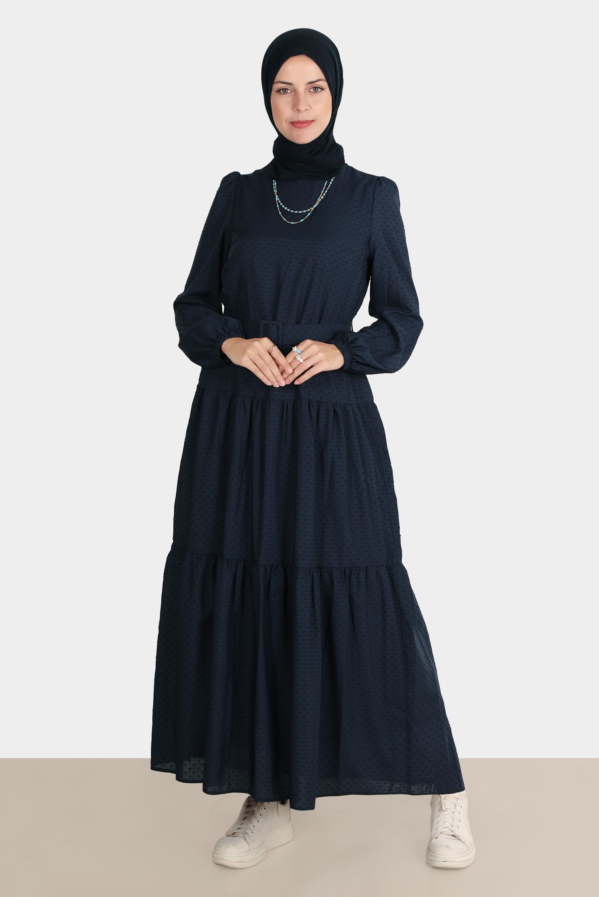 Tesettür giyim LACİVERT KEMERLİ KATLI ELBİSE 42921 