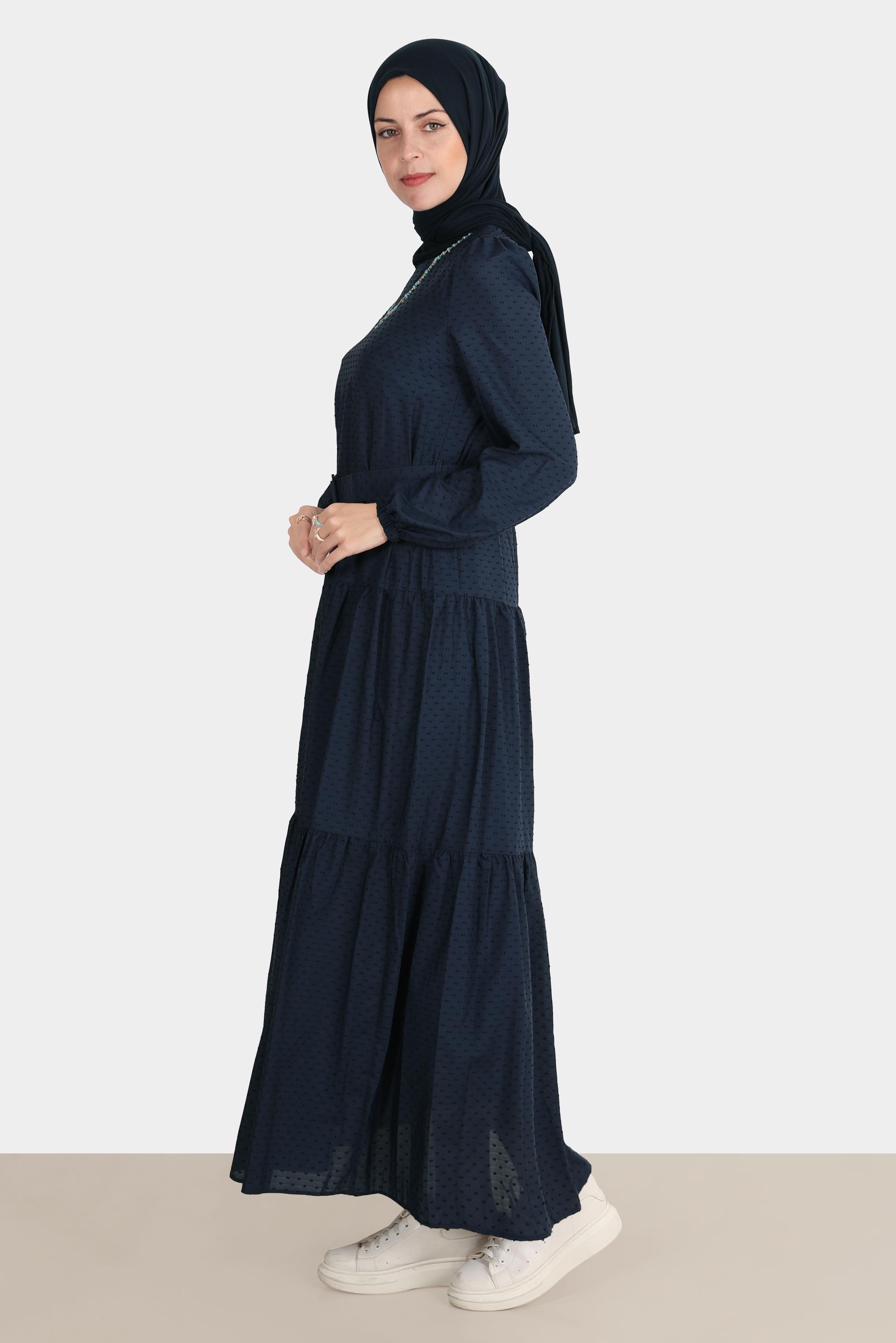 Tesettür giyim LACİVERT KEMERLİ KATLI ELBİSE 42921 