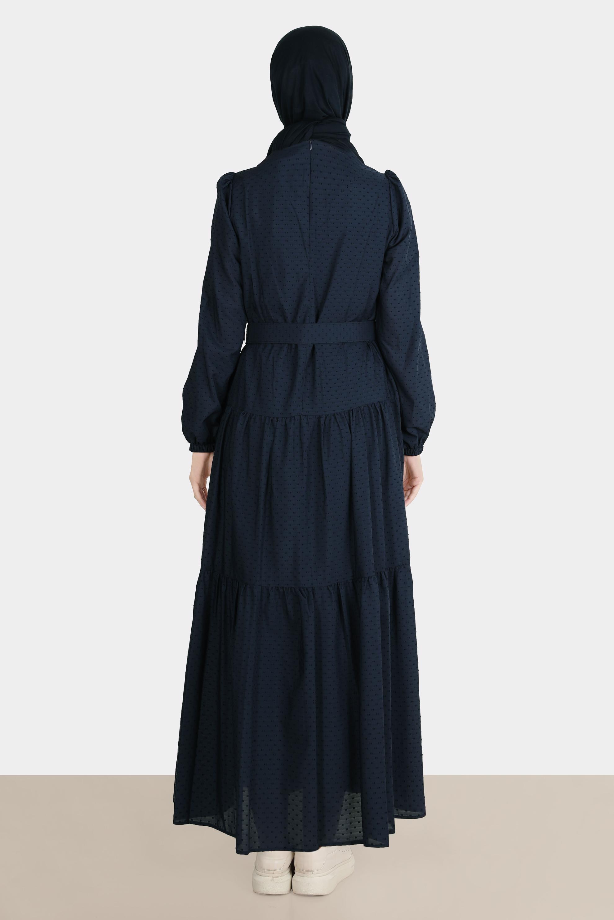 Tesettür giyim LACİVERT KEMERLİ KATLI ELBİSE 42921 