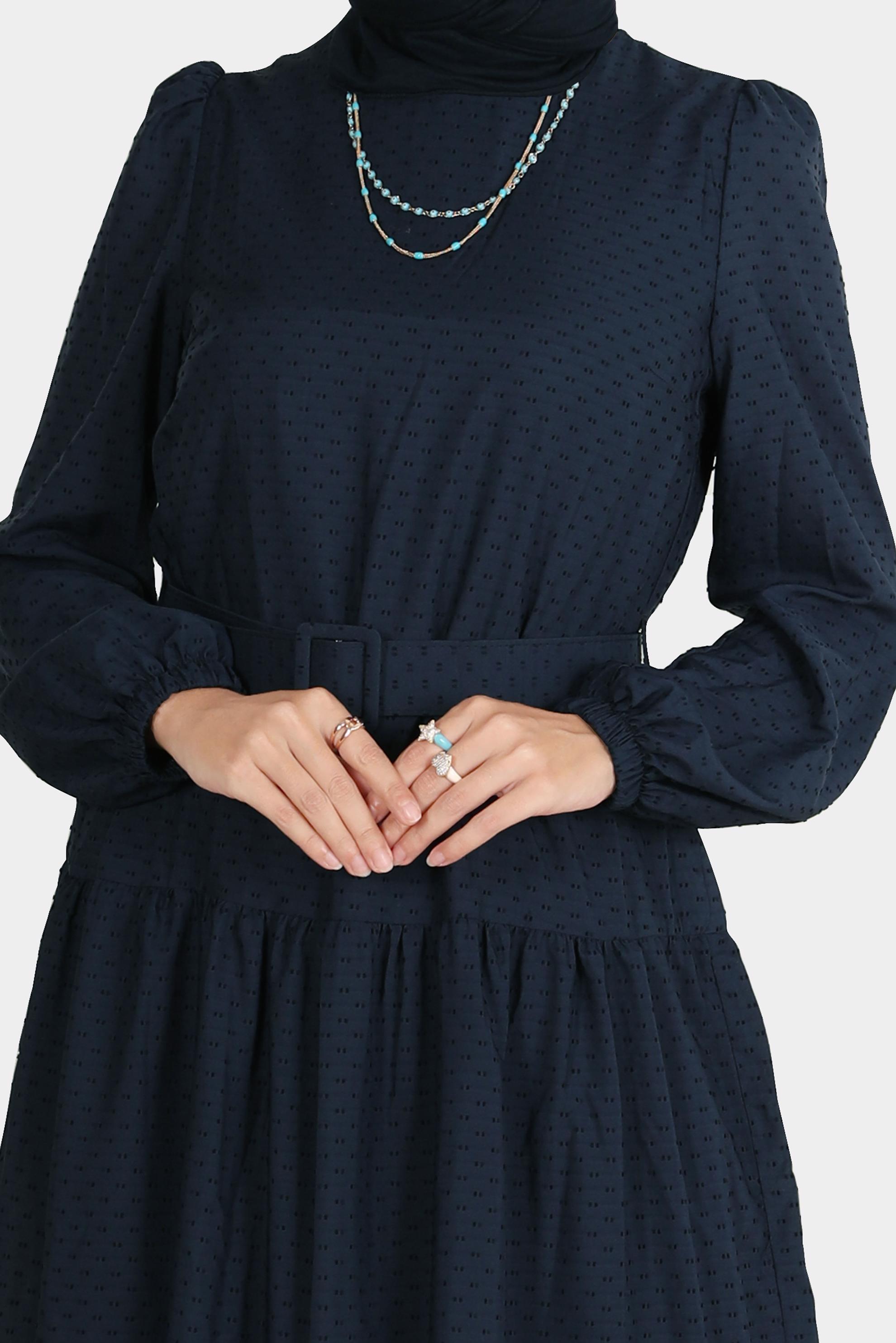 Tesettür giyim LACİVERT KEMERLİ KATLI ELBİSE 42921 