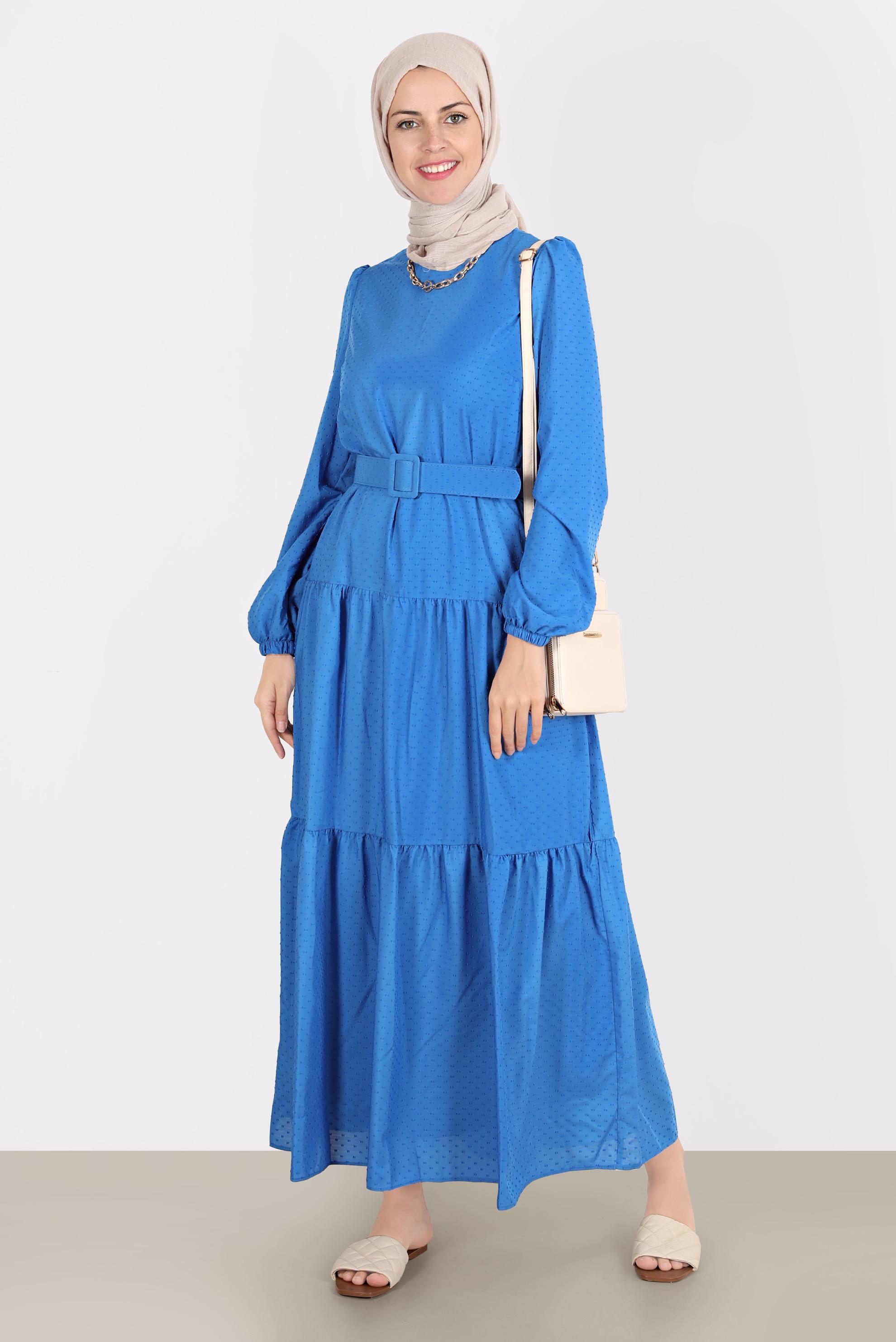 Tesettür giyim LACİVERT KEMERLİ KATLI ELBİSE 42921 