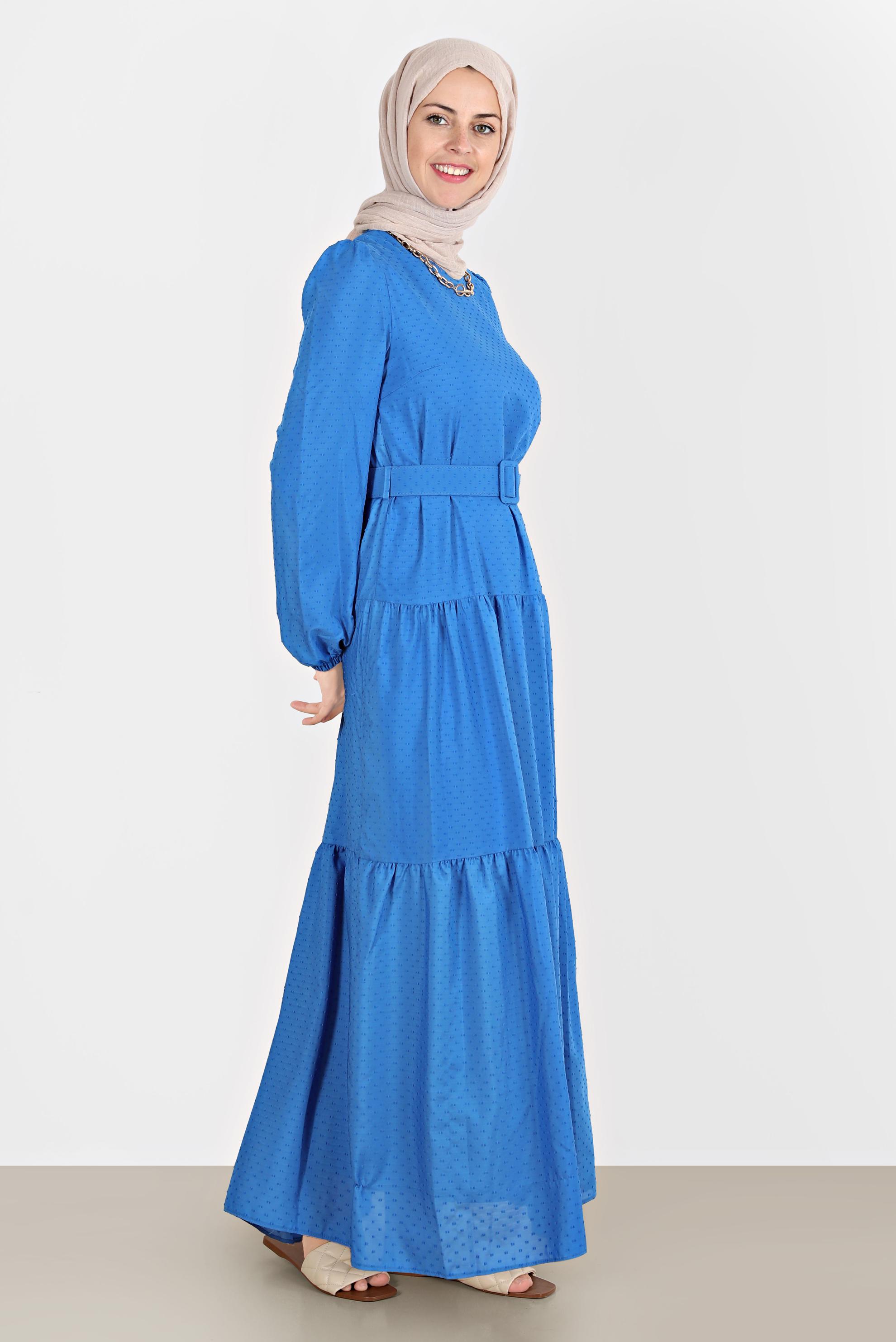 Tesettür giyim LACİVERT KEMERLİ KATLI ELBİSE 42921 