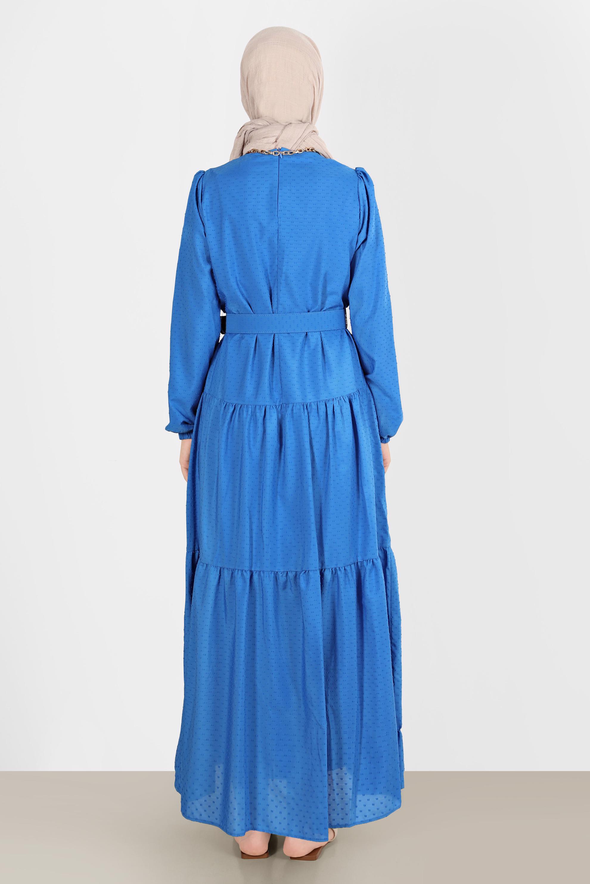 Tesettür giyim LACİVERT KEMERLİ KATLI ELBİSE 42921 