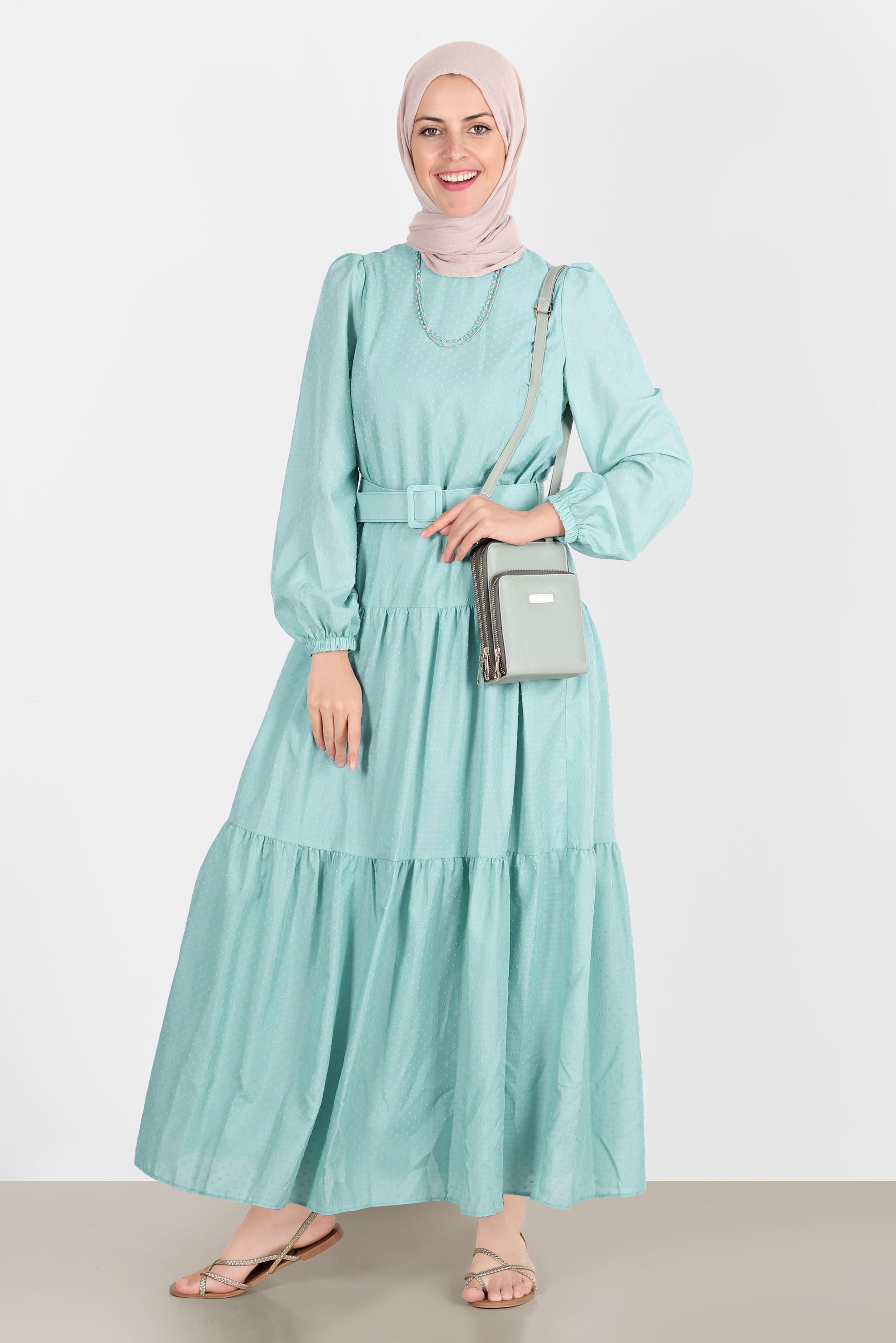 Tesettür giyim MAVİ KEMERLİ KATLI ELBİSE 42921 