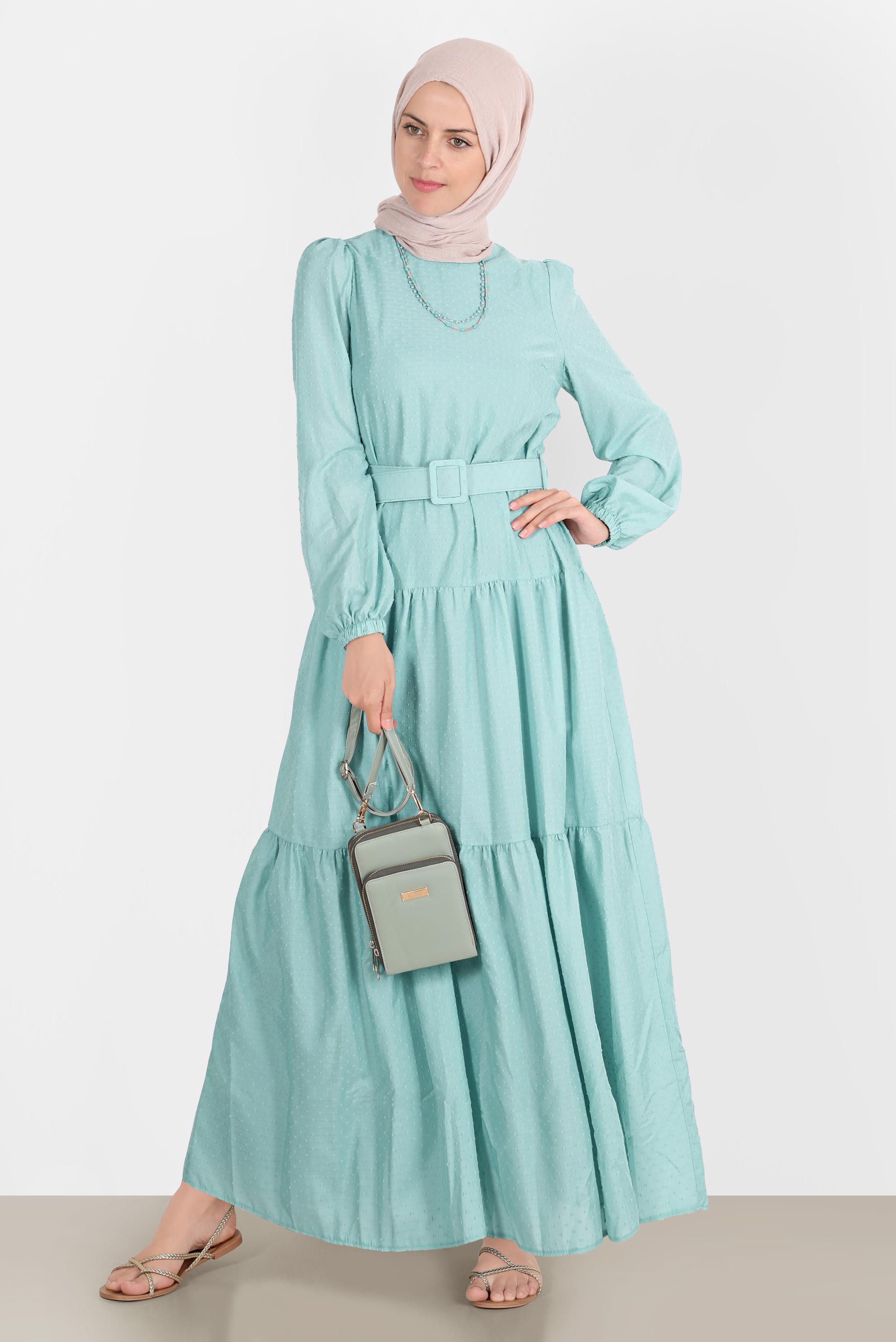 Tesettür giyim MAVİ KEMERLİ KATLI ELBİSE 42921 