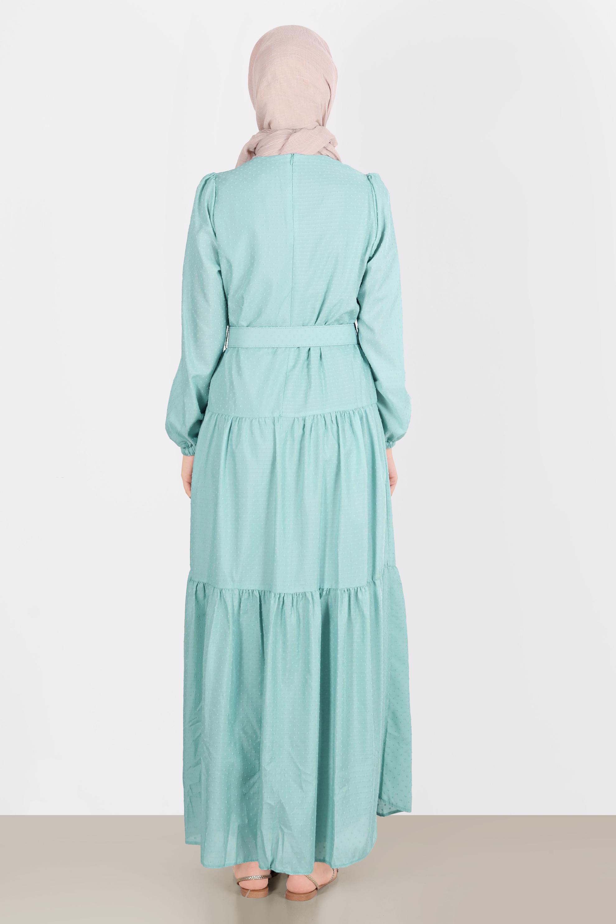 Tesettür giyim MAVİ KEMERLİ KATLI ELBİSE 42921 