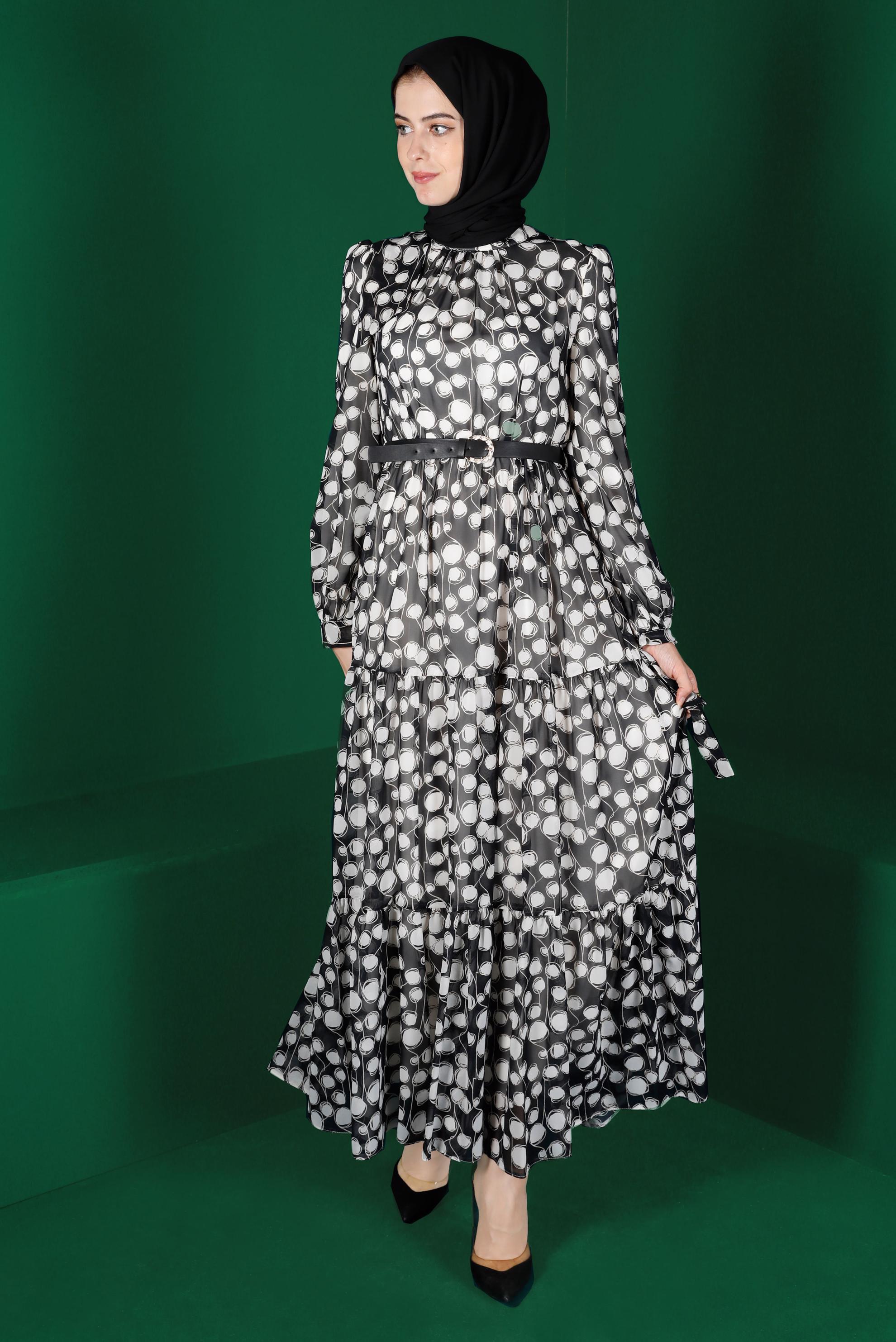 Tesettür giyim SİYAH MANŞETLERİ BAĞLAMALI DESENLİ ELBİSE 42924 