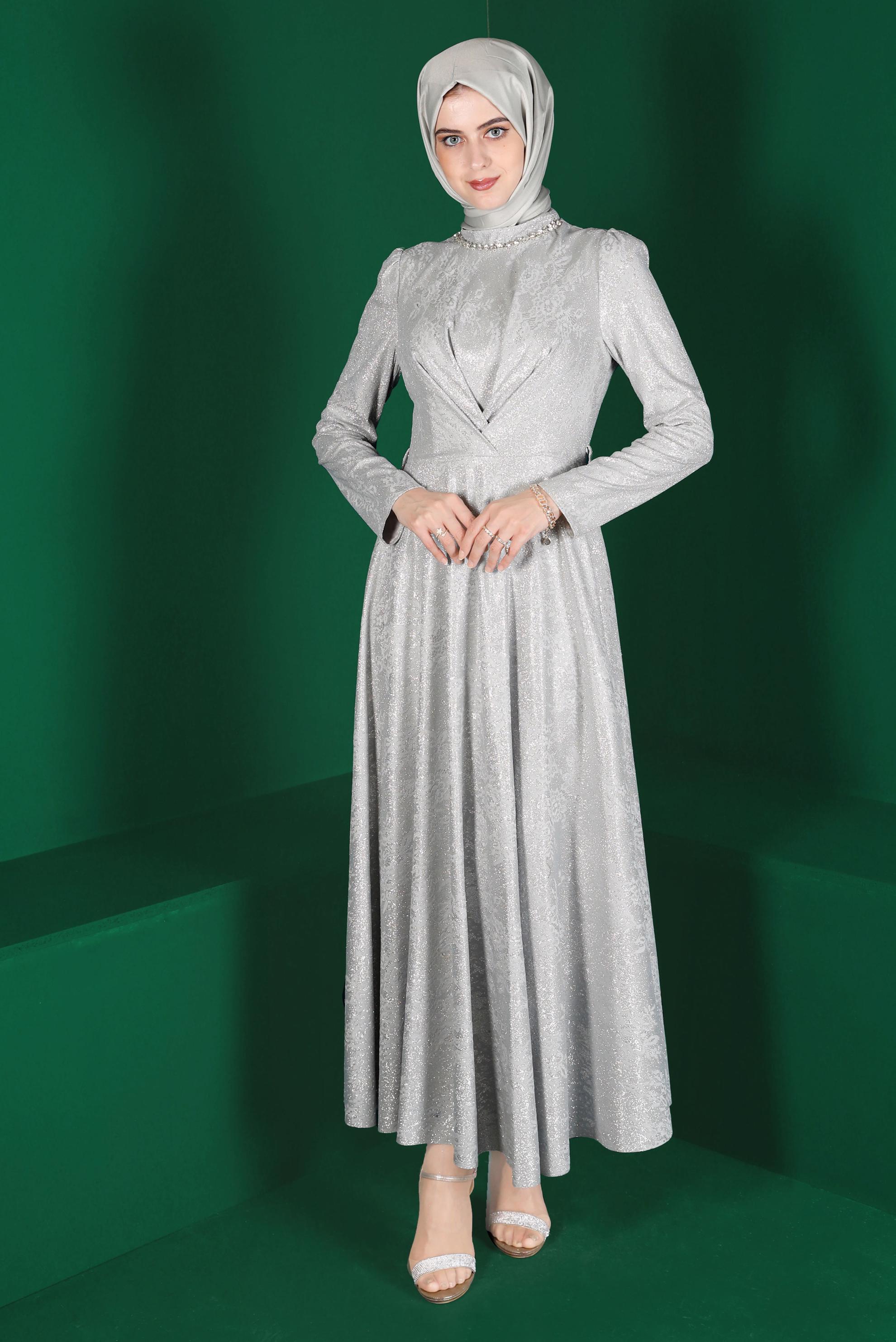 Tesettür giyim GRİ TAŞLI PARLAK ELBİSE 42929 