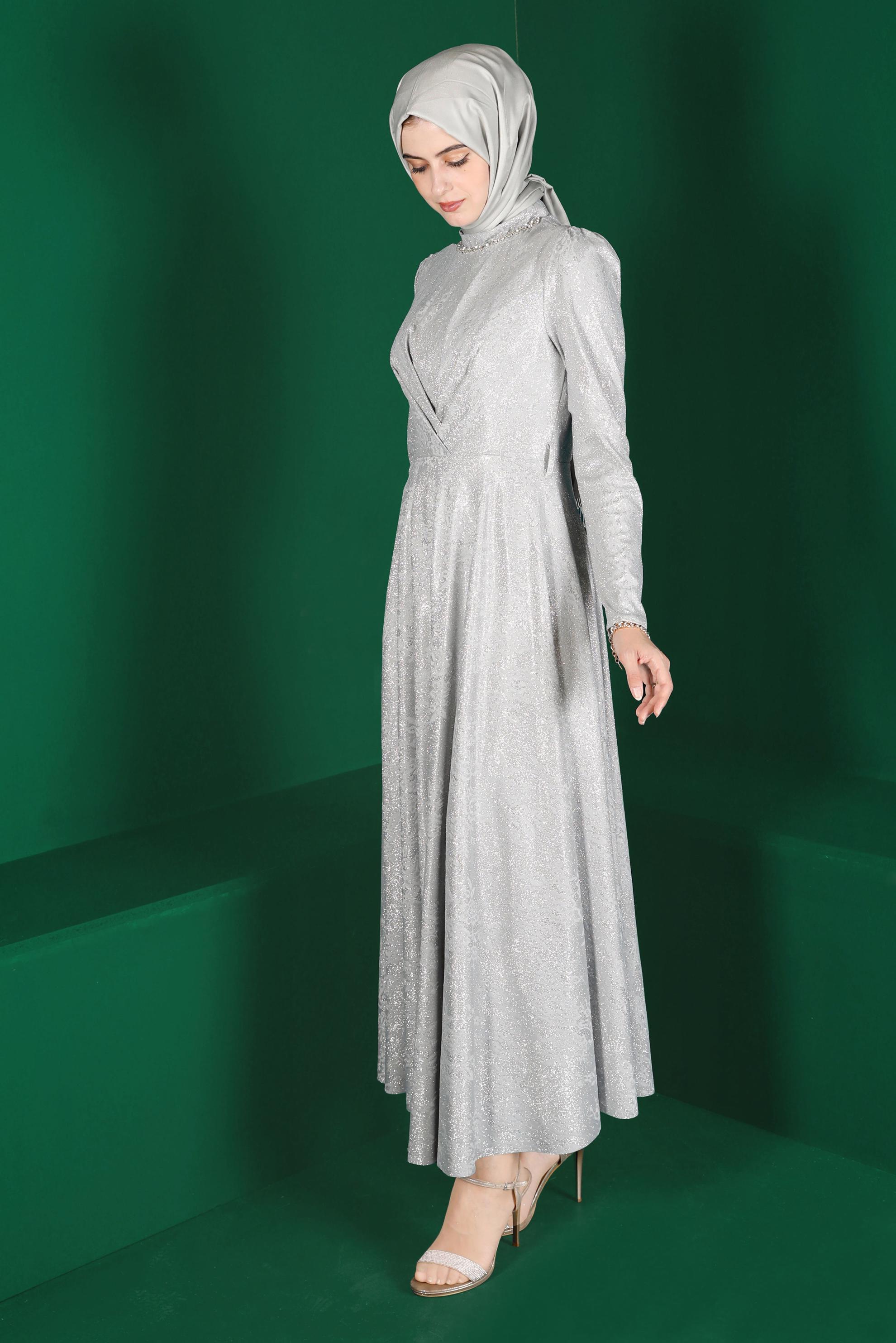 Tesettür giyim GRİ TAŞLI PARLAK ELBİSE 42929 