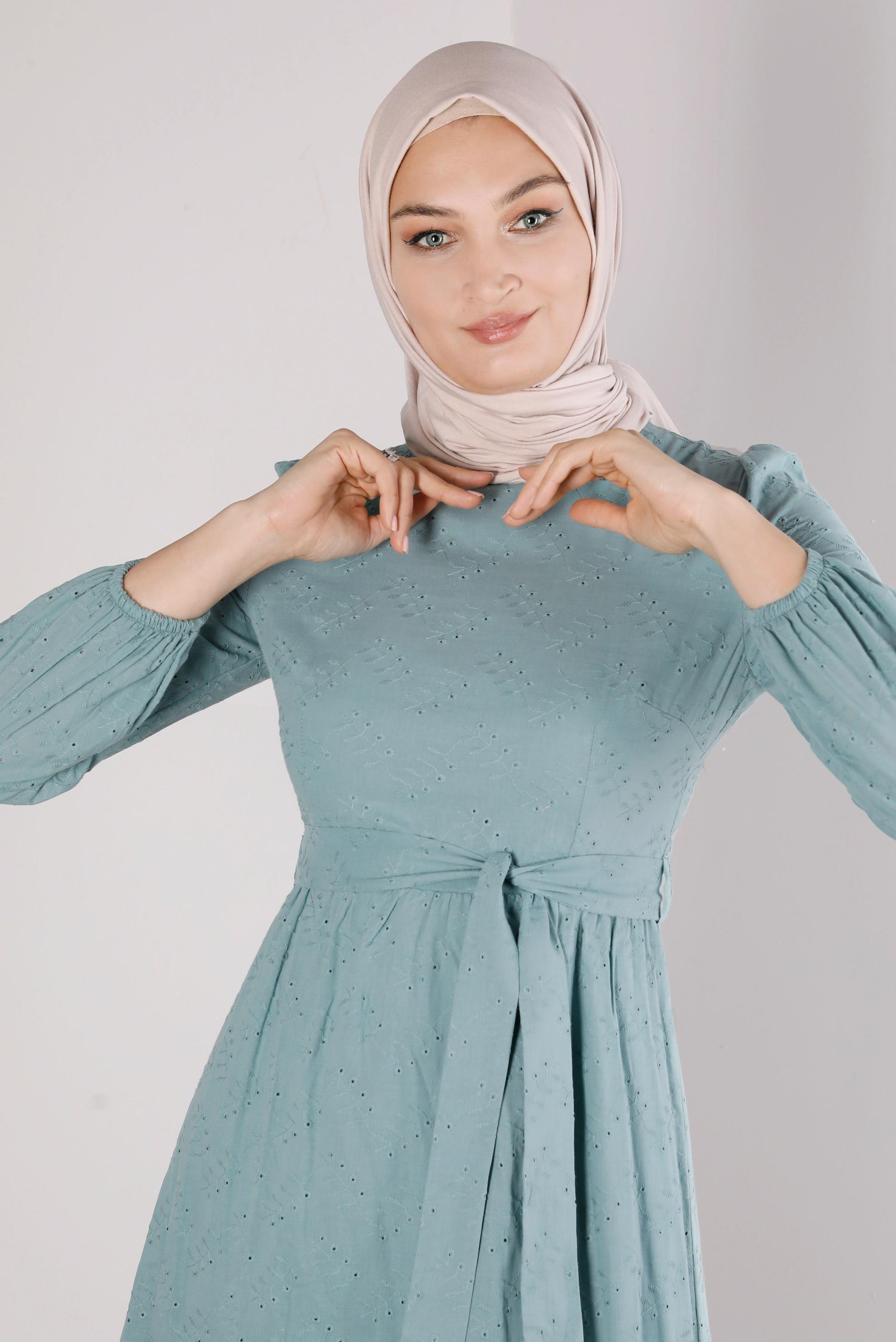 Tesettür giyim MAVİ FİSTOLU PAMUKLU ELBİSE 42930 