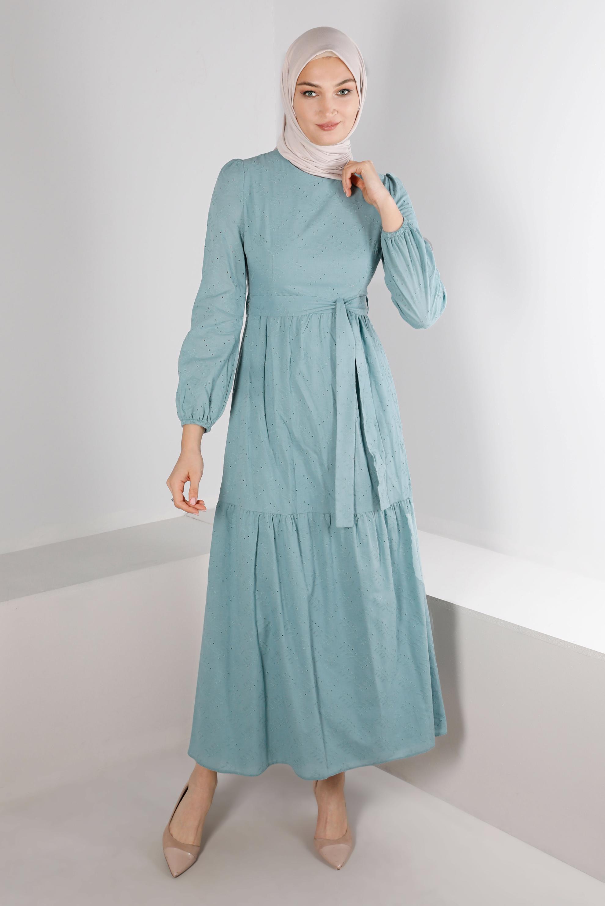 Tesettür giyim MAVİ FİSTOLU PAMUKLU ELBİSE 42930 