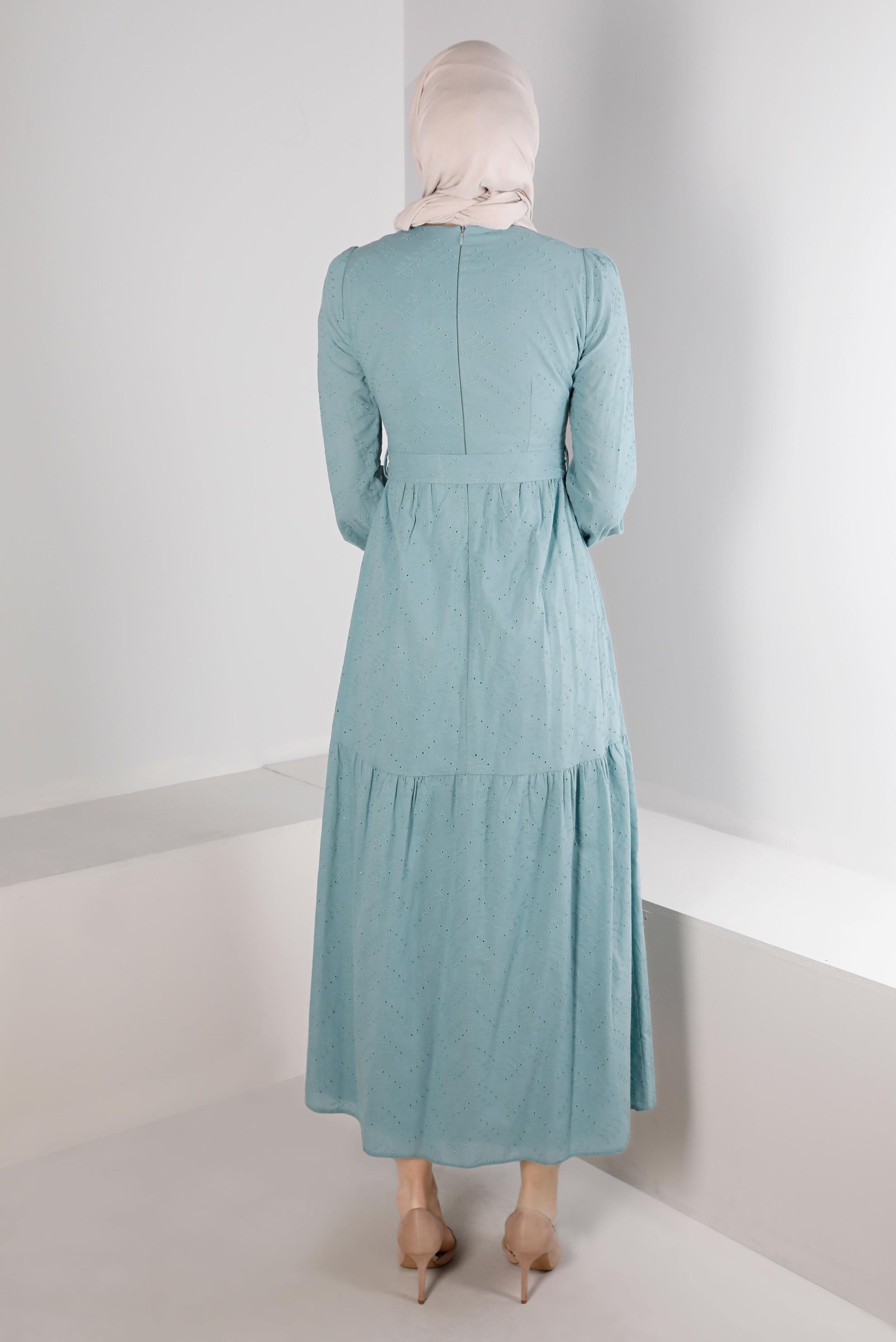 Tesettür giyim MAVİ FİSTOLU PAMUKLU ELBİSE 42930 