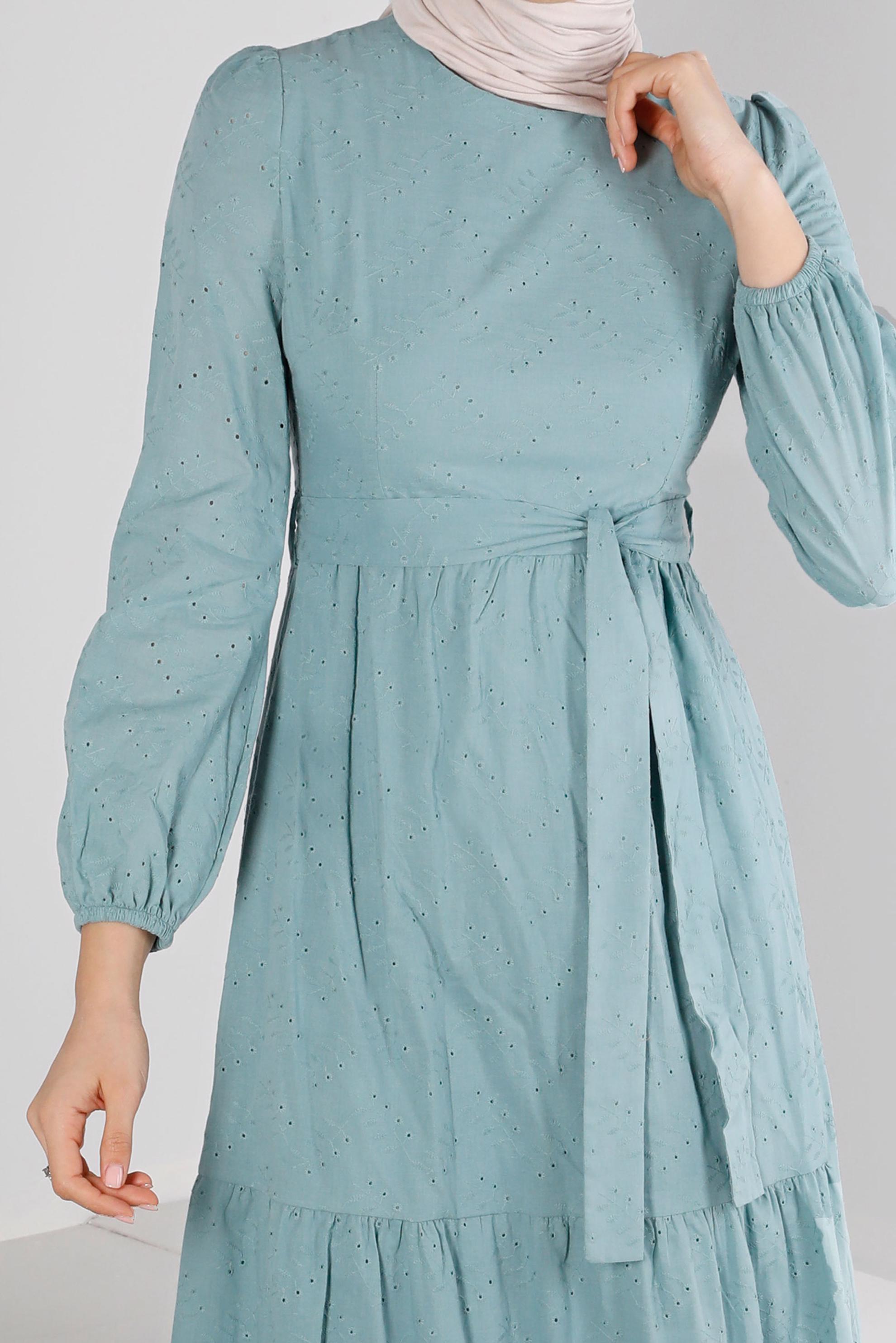 Tesettür giyim MAVİ FİSTOLU PAMUKLU ELBİSE 42930 