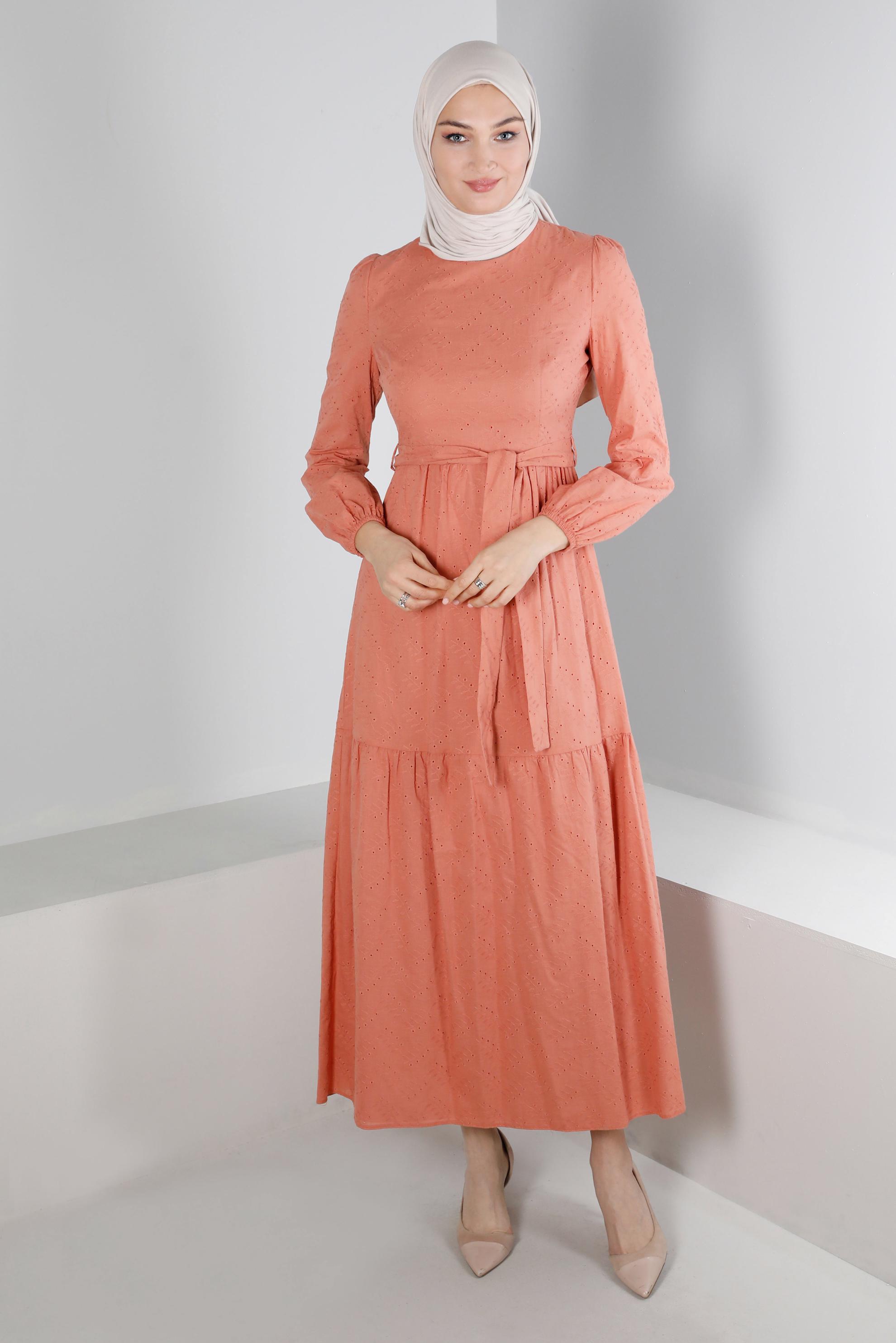 Tesettür giyim PEMBE FİSTOLU PAMUKLU ELBİSE 42930 