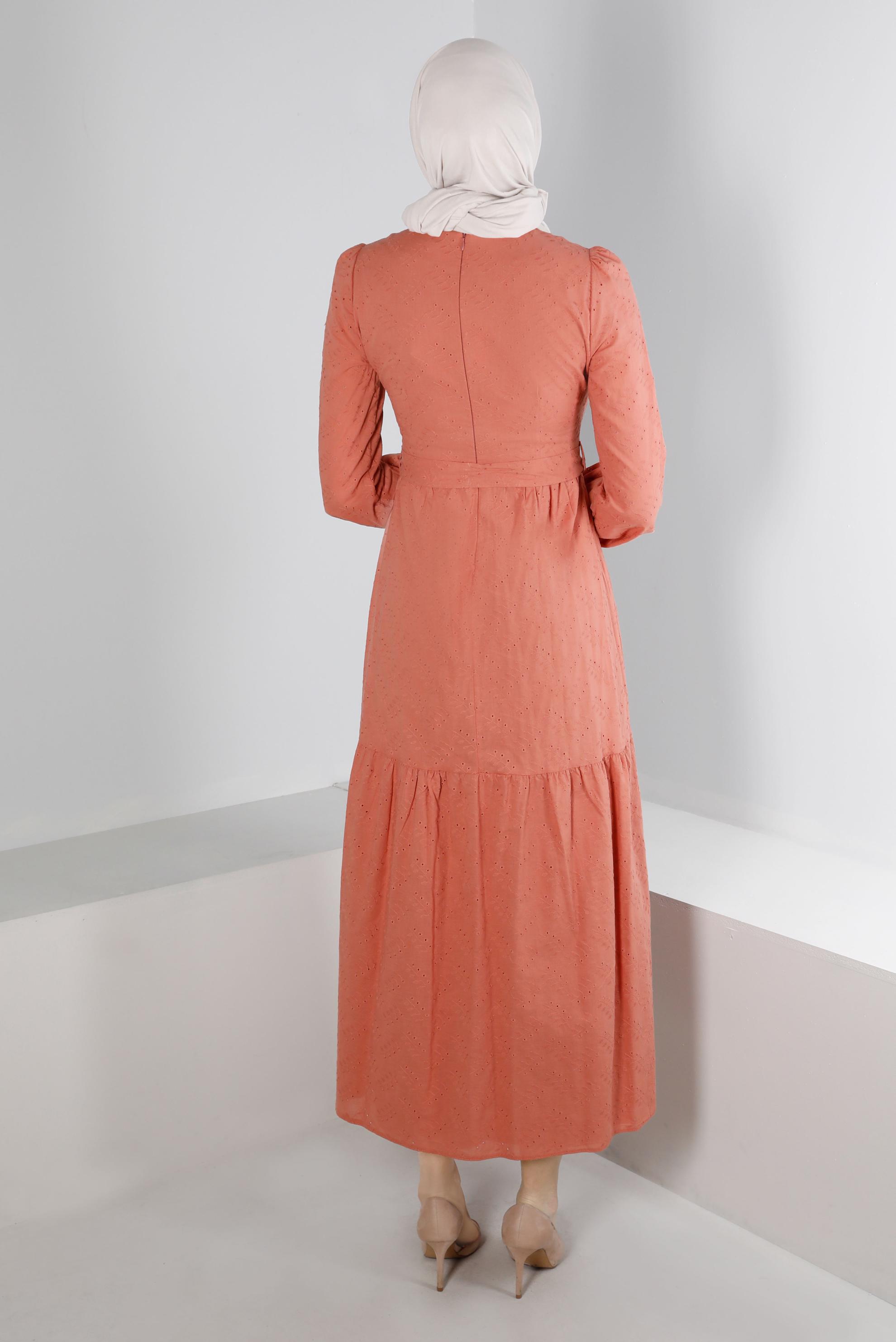 Tesettür giyim PEMBE FİSTOLU PAMUKLU ELBİSE 42930 