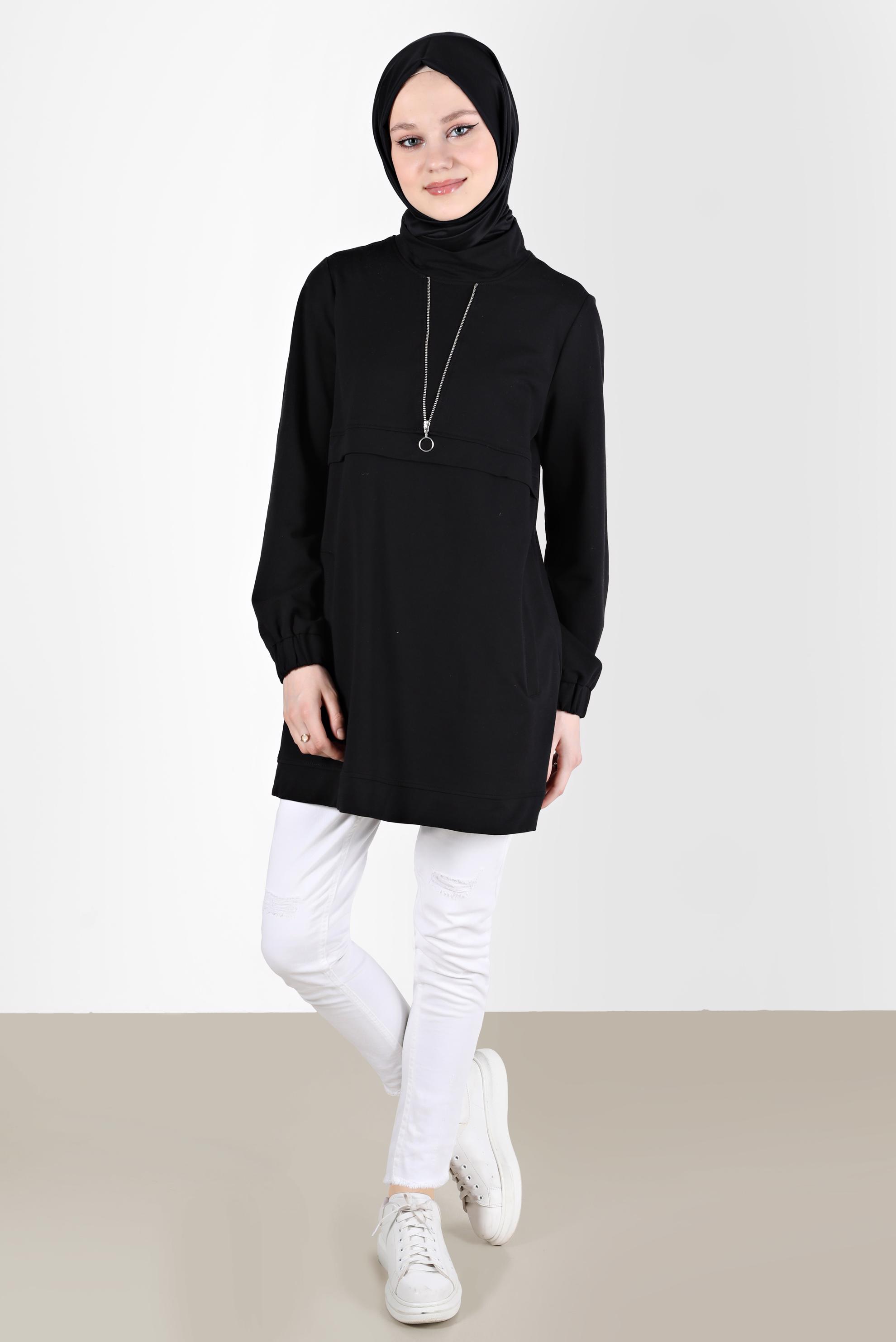 Tesettür giyim SİYAH FERMUAR DETAYLI MANŞETLERİ LASTİKLİ EŞOFMAN TUNİK 41652 
