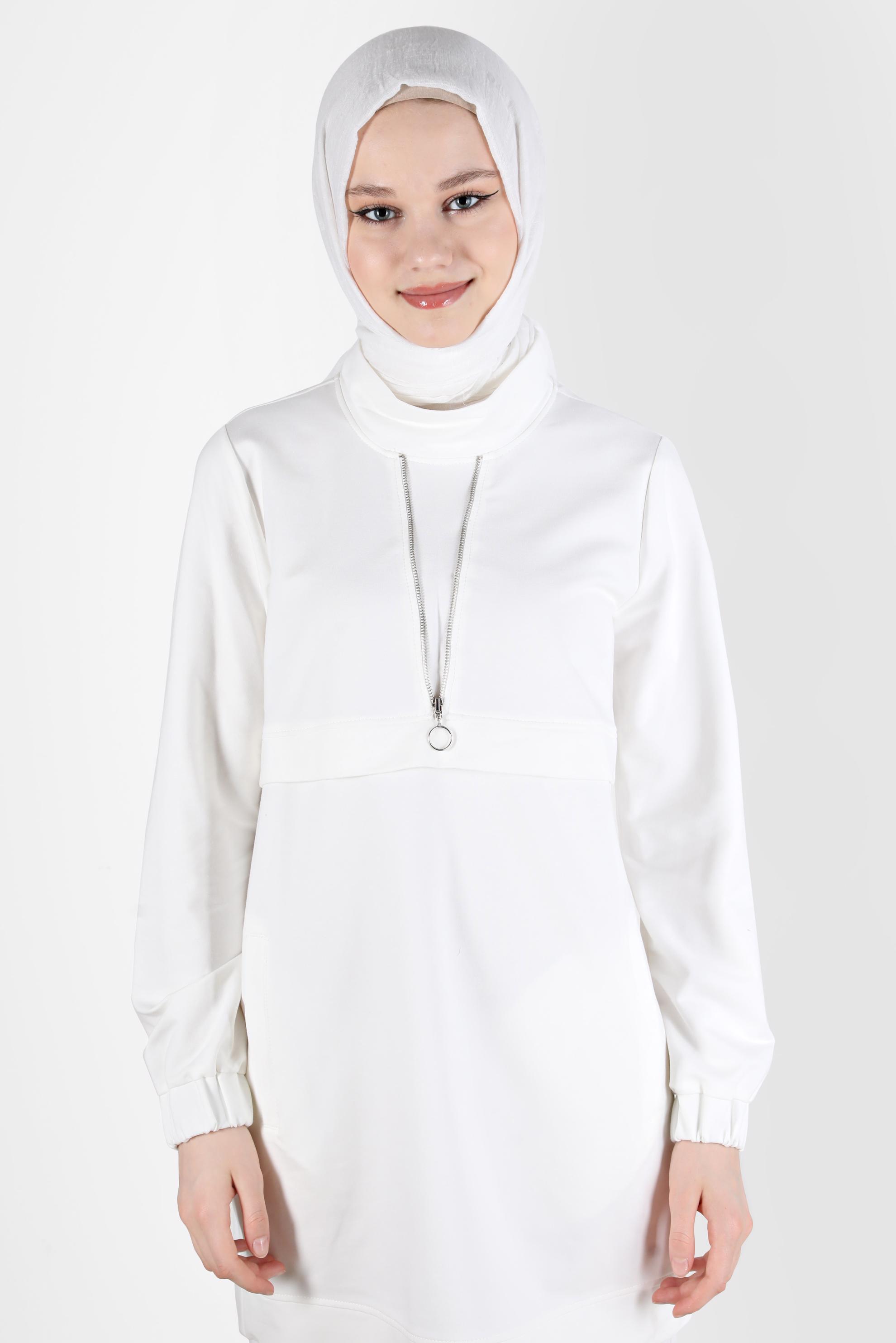 Tesettür giyim BEYAZ FERMUAR DETAYLI MANŞETLERİ LASTİKLİ EŞOFMAN TUNİK 41652 