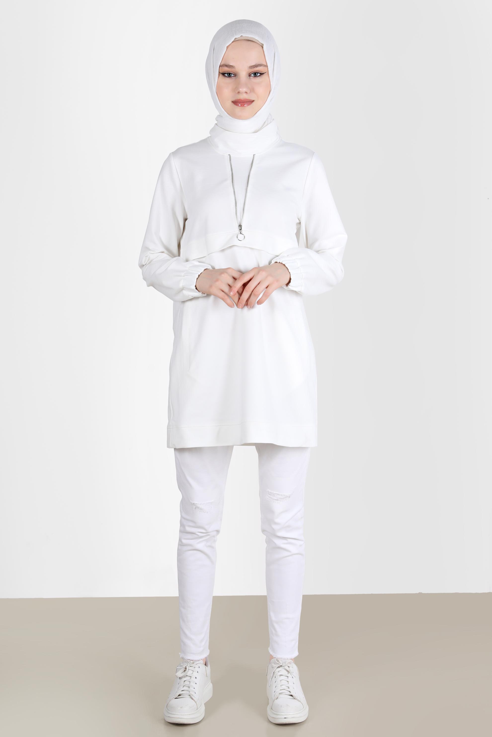 Tesettür giyim BEYAZ FERMUAR DETAYLI MANŞETLERİ LASTİKLİ EŞOFMAN TUNİK 41652 