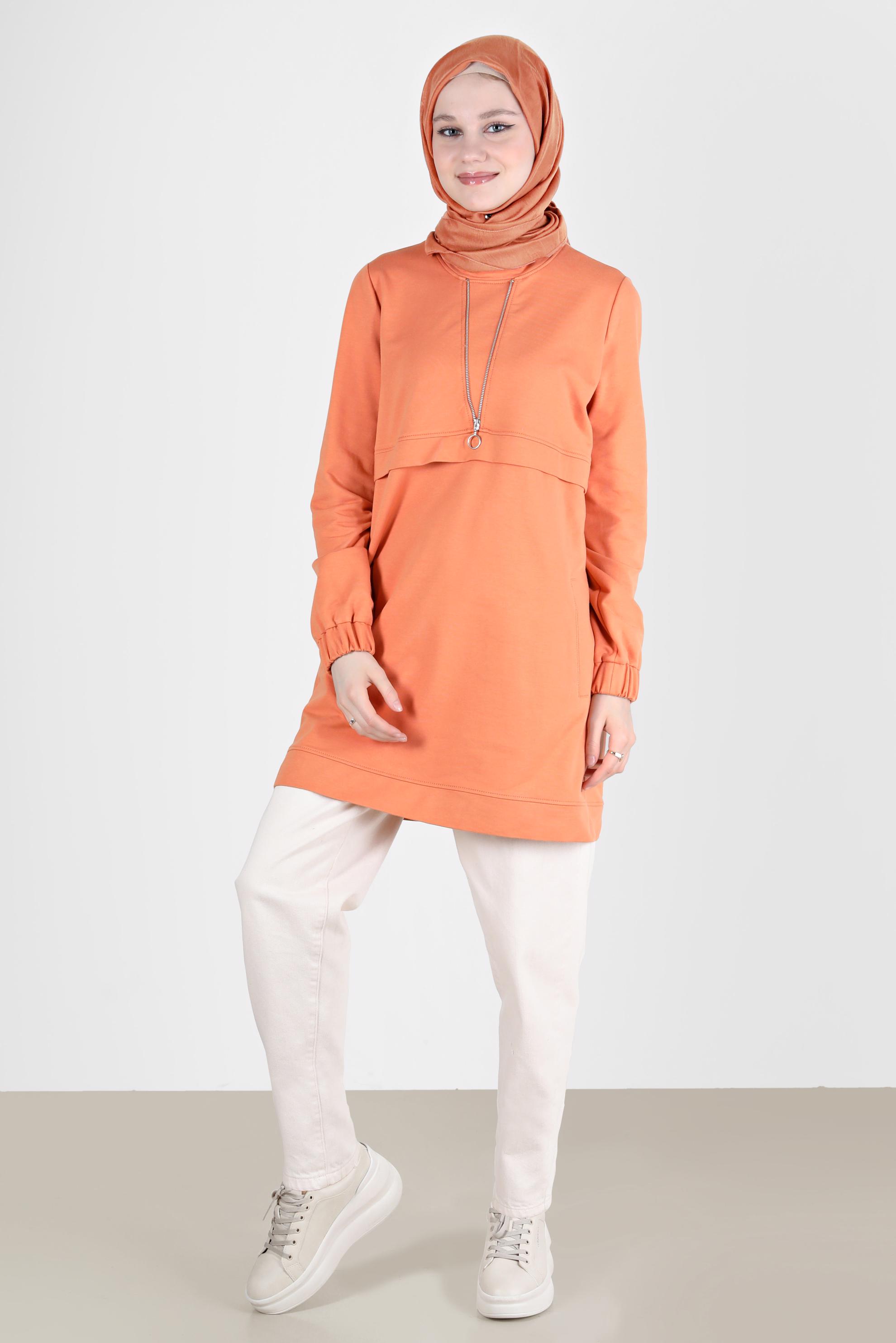 Tesettür giyim TURUNCU FERMUAR DETAYLI MANŞETLERİ LASTİKLİ EŞOFMAN TUNİK 41652 