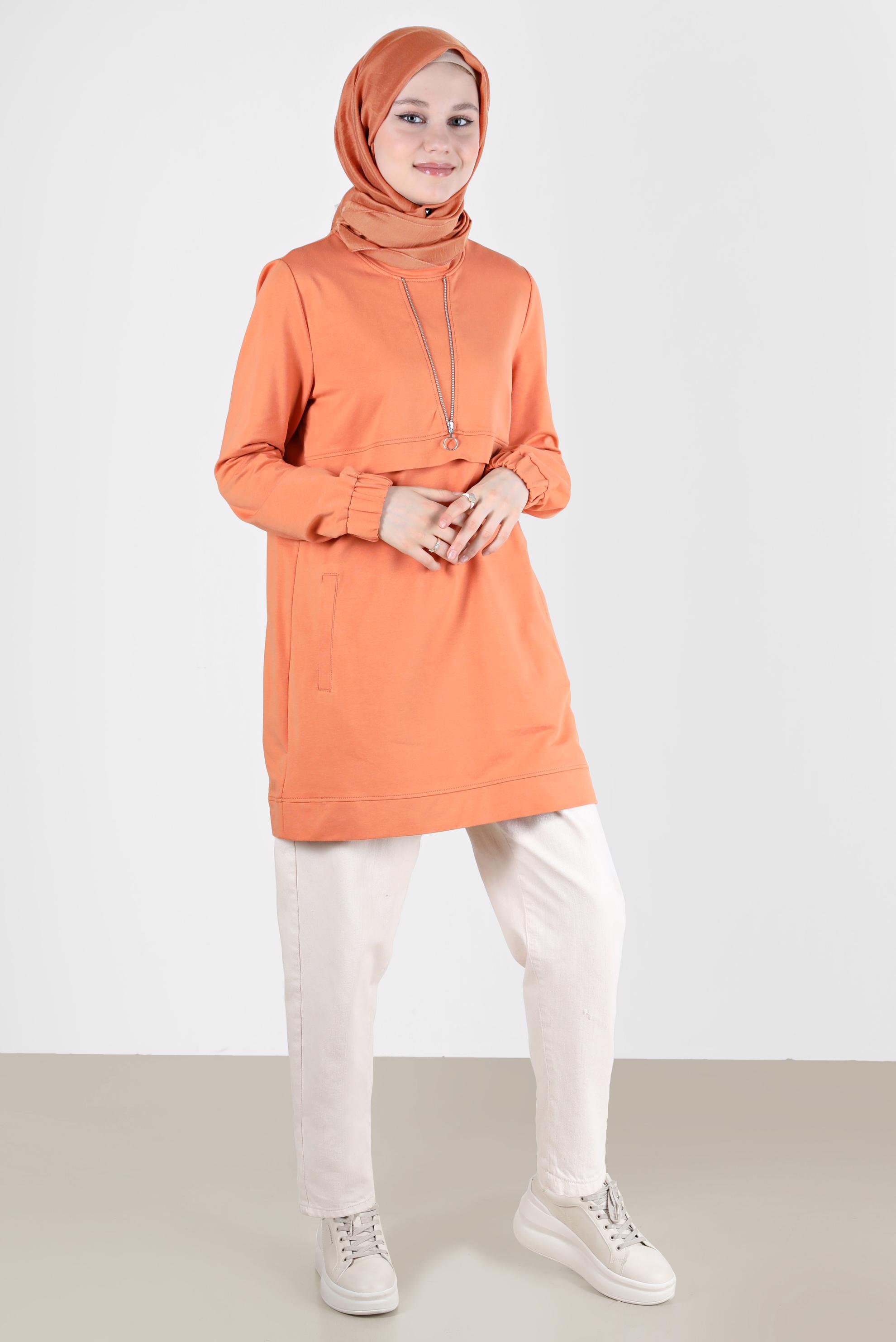 Tesettür giyim TURUNCU FERMUAR DETAYLI MANŞETLERİ LASTİKLİ EŞOFMAN TUNİK 41652 