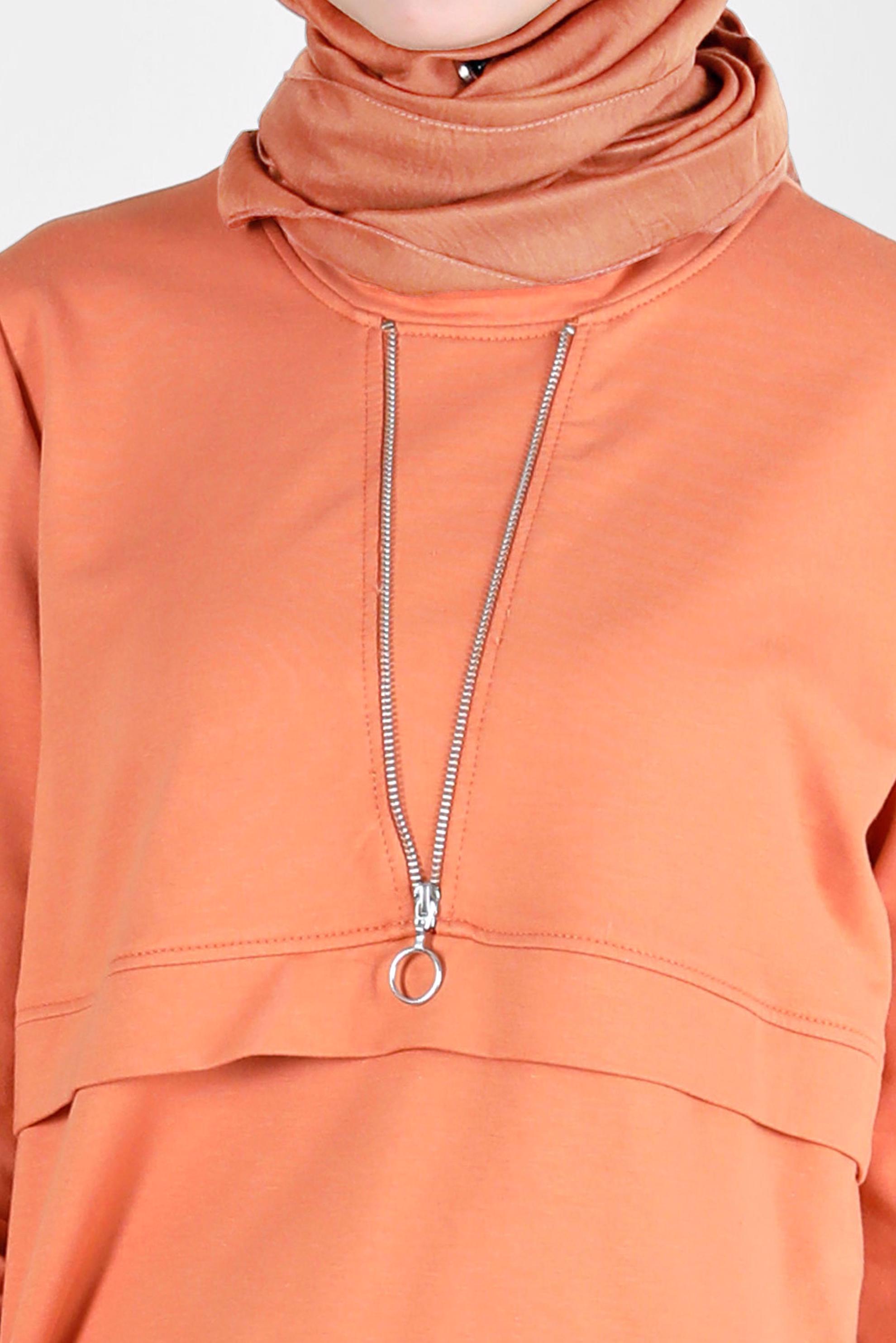 Tesettür giyim TURUNCU FERMUAR DETAYLI MANŞETLERİ LASTİKLİ EŞOFMAN TUNİK 41652 