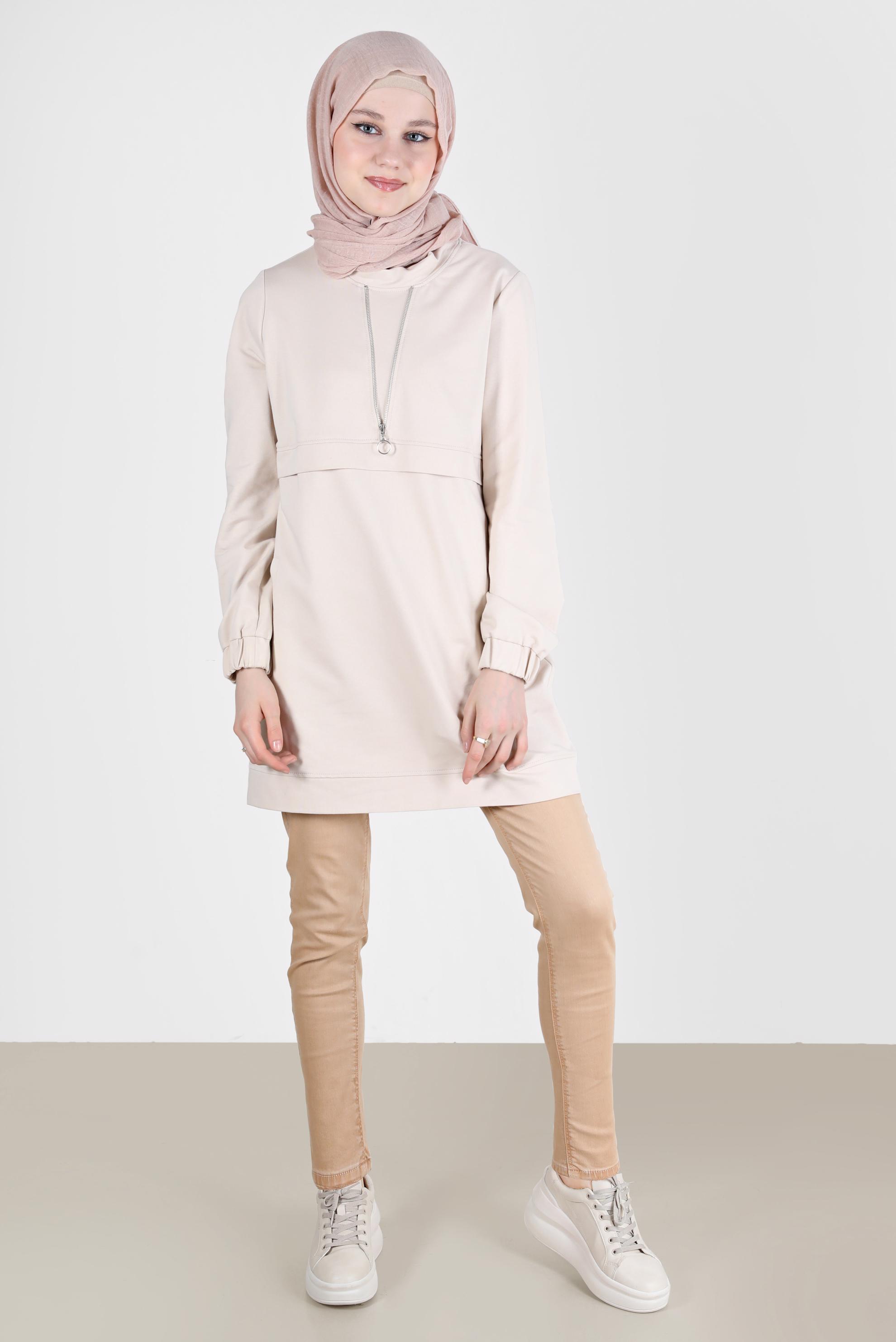 Tesettür giyim BEJ FERMUAR DETAYLI MANŞETLERİ LASTİKLİ EŞOFMAN TUNİK 41652 