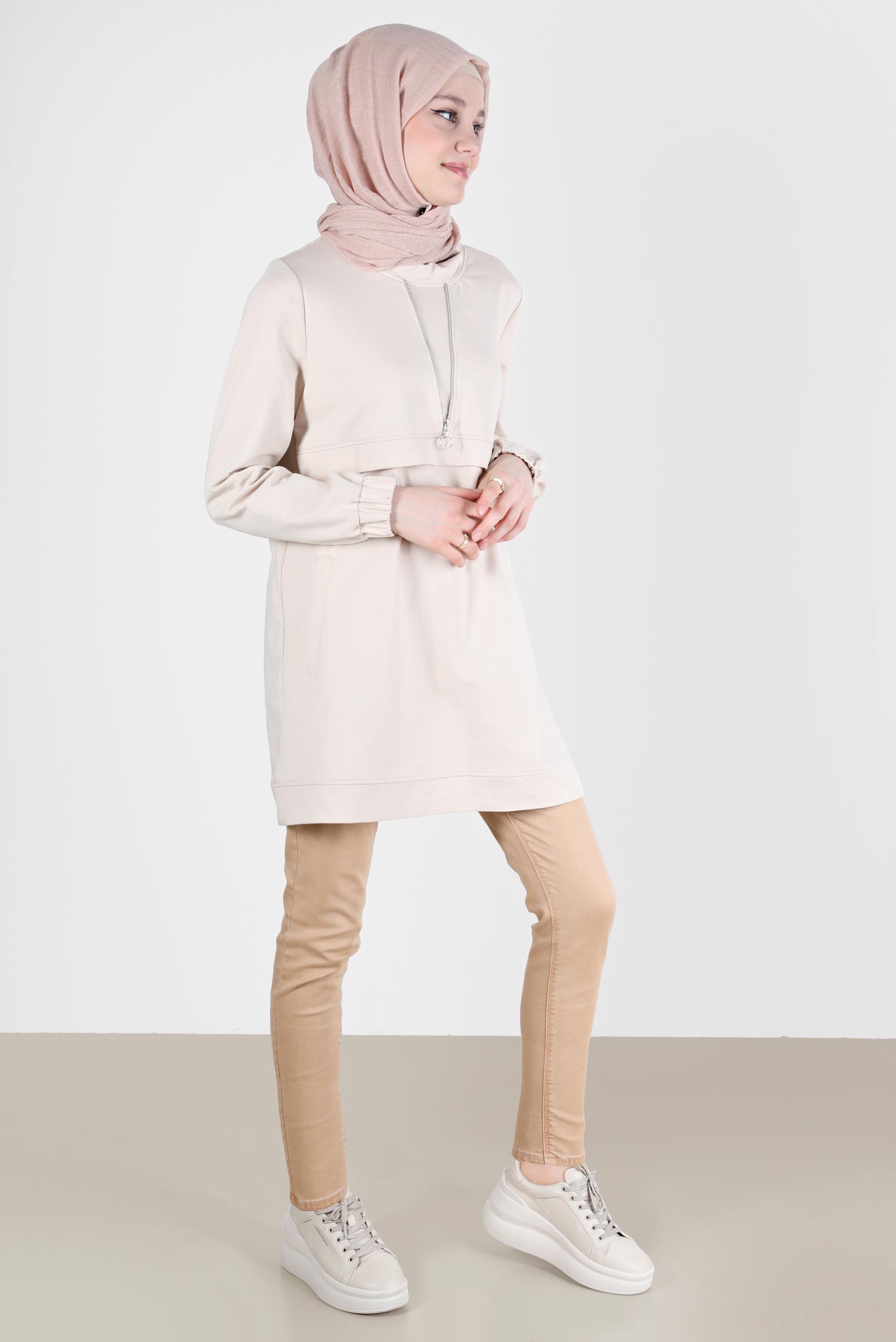 Tesettür giyim BEJ FERMUAR DETAYLI MANŞETLERİ LASTİKLİ EŞOFMAN TUNİK 41652 