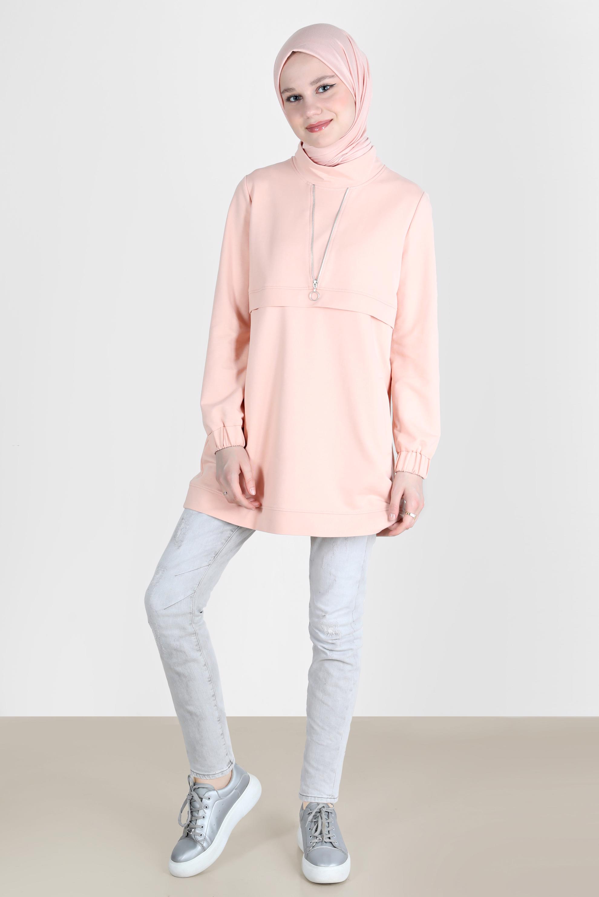 Tesettür giyim PUDRA FERMUAR DETAYLI MANŞETLERİ LASTİKLİ EŞOFMAN TUNİK 41652 