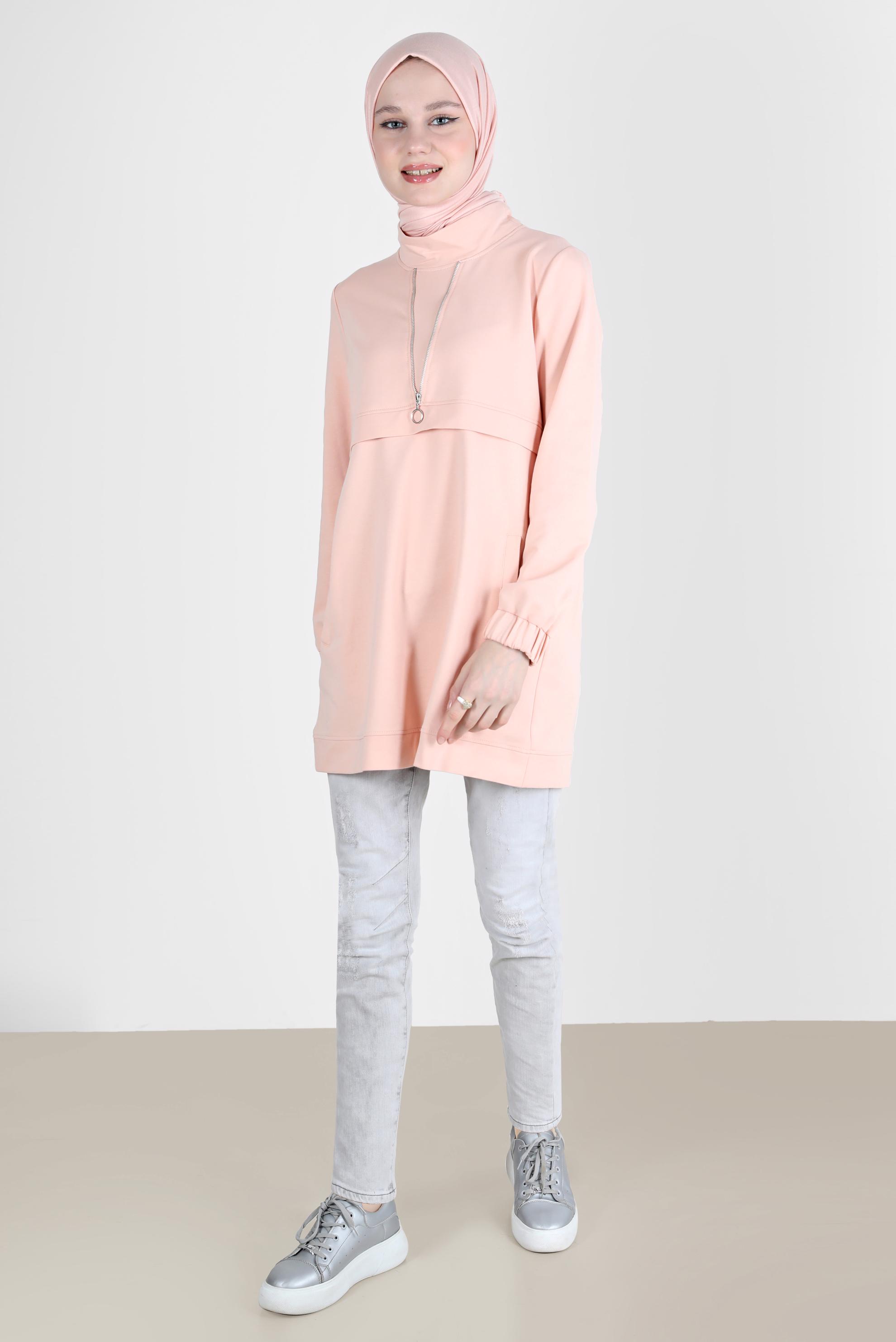 Tesettür giyim PUDRA FERMUAR DETAYLI MANŞETLERİ LASTİKLİ EŞOFMAN TUNİK 41652 