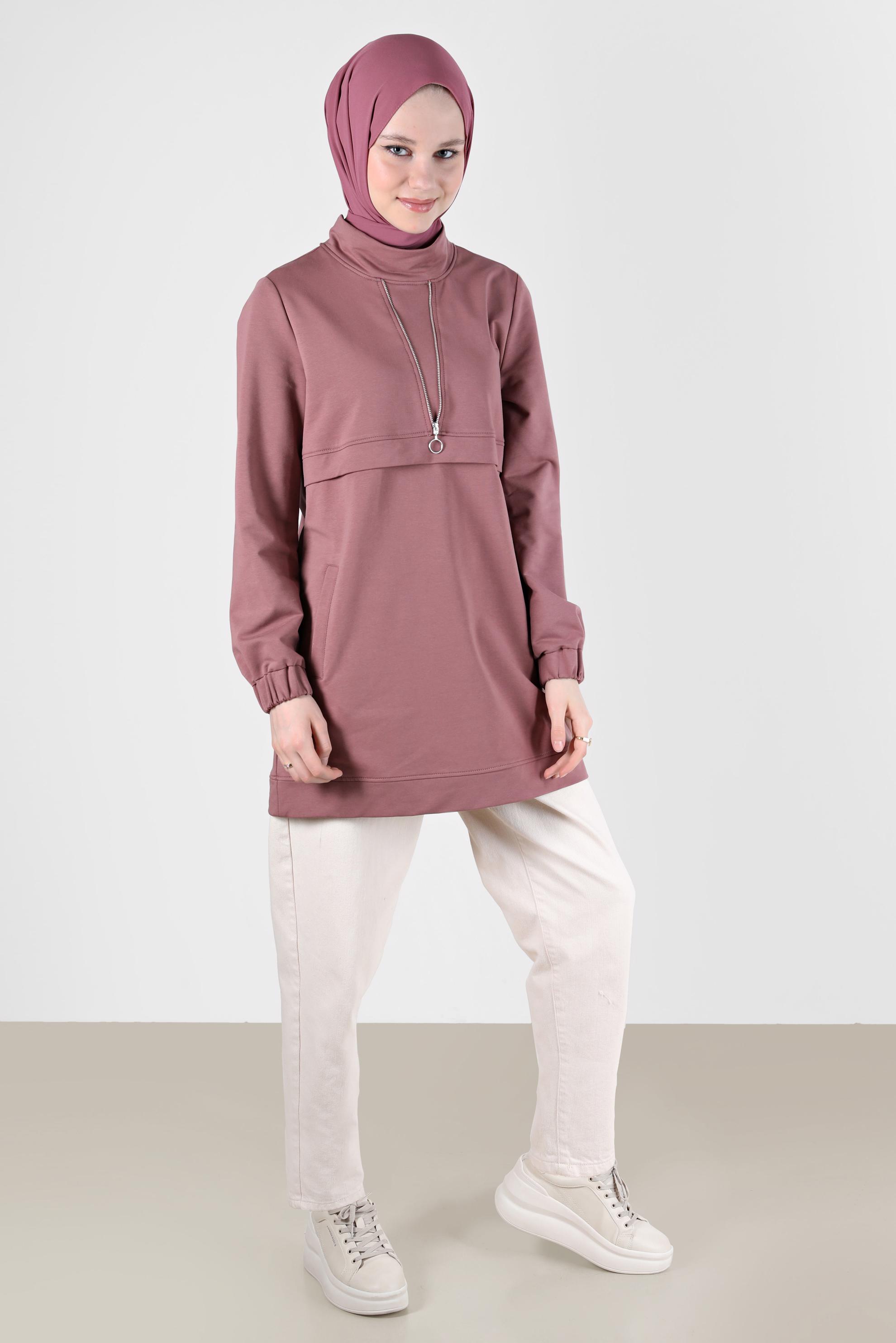 Tesettür giyim PEMBE FERMUAR DETAYLI MANŞETLERİ LASTİKLİ EŞOFMAN TUNİK 41652 