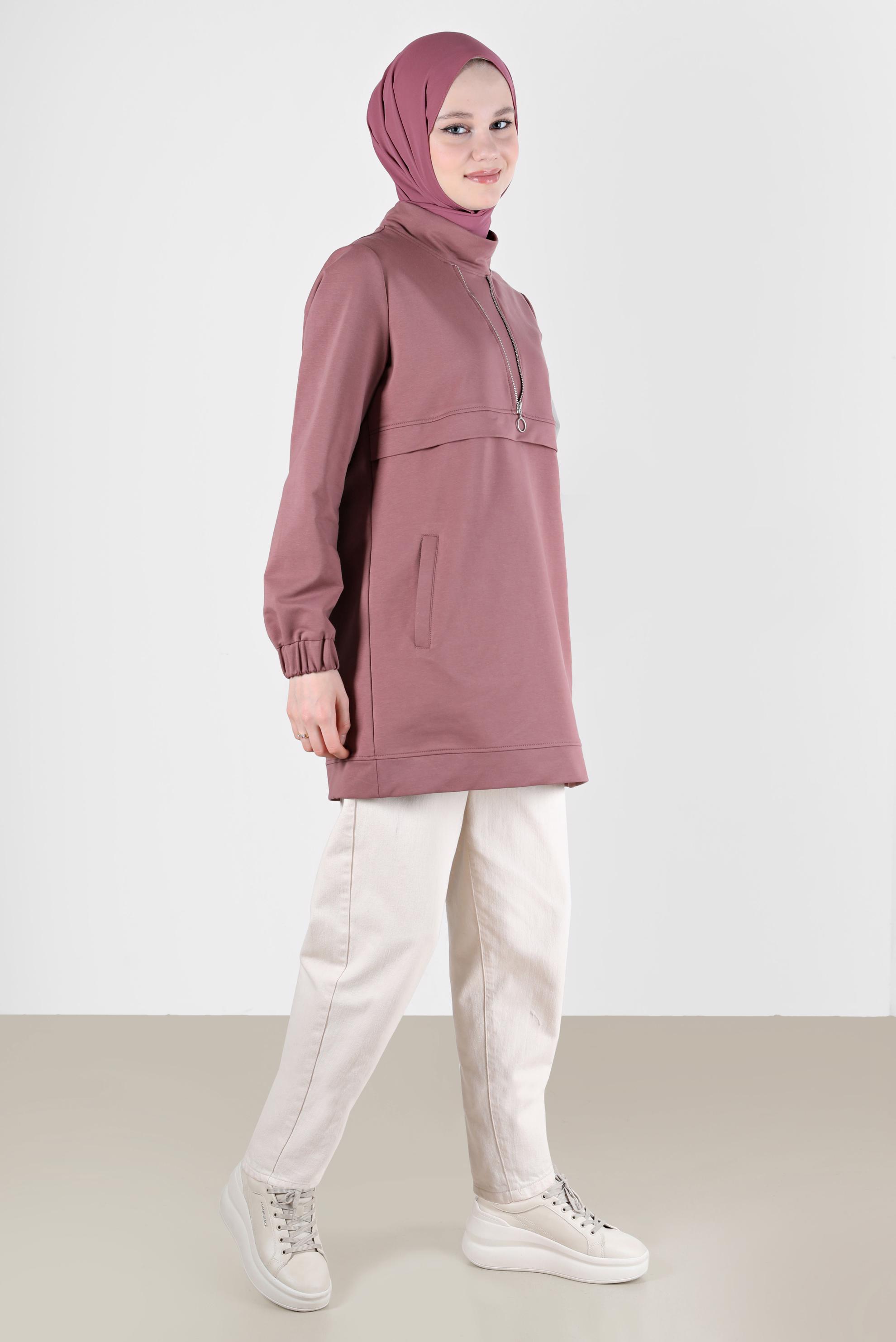 Tesettür giyim PEMBE FERMUAR DETAYLI MANŞETLERİ LASTİKLİ EŞOFMAN TUNİK 41652 