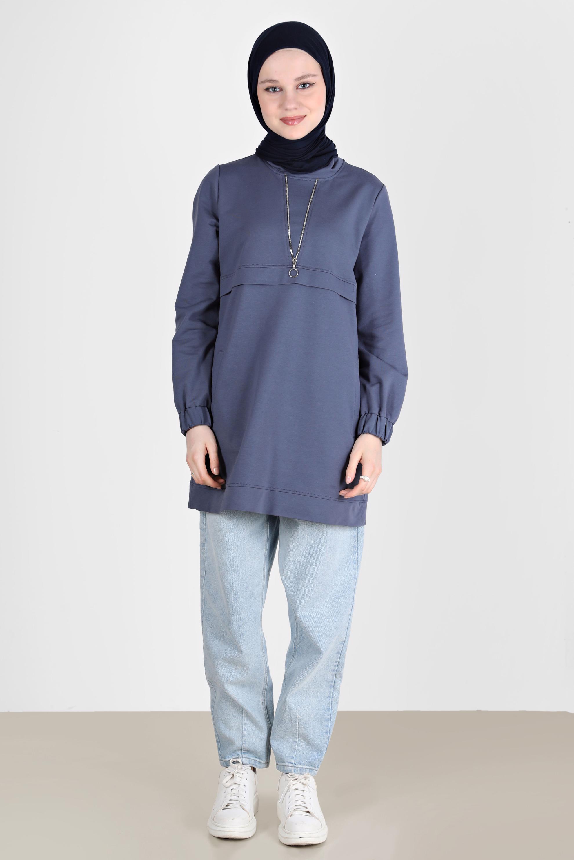 Tesettür giyim LACİVERT FERMUAR DETAYLI MANŞETLERİ LASTİKLİ EŞOFMAN TUNİK 41652 