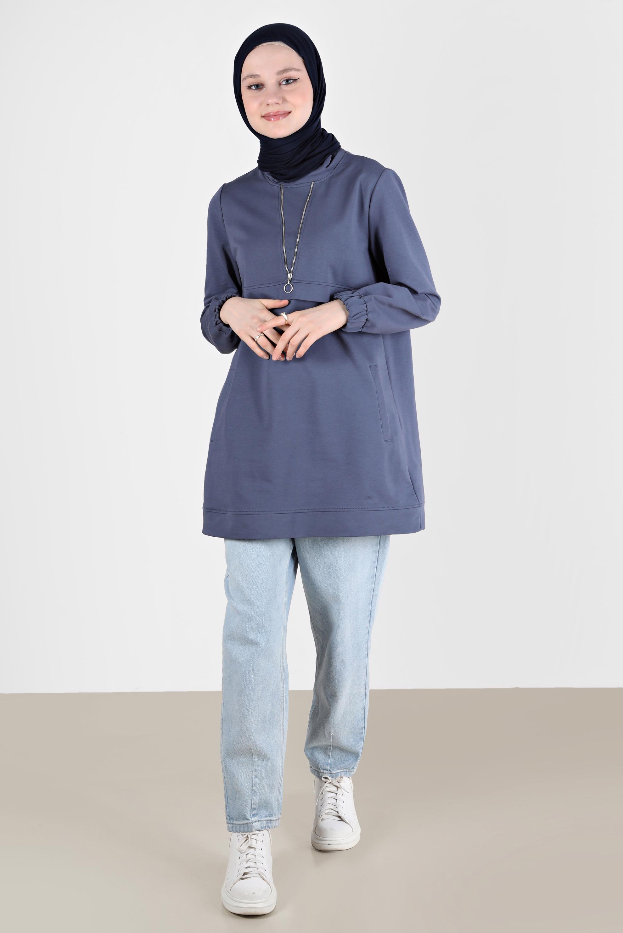Tesettür giyim LACİVERT FERMUAR DETAYLI MANŞETLERİ LASTİKLİ EŞOFMAN TUNİK 41652 