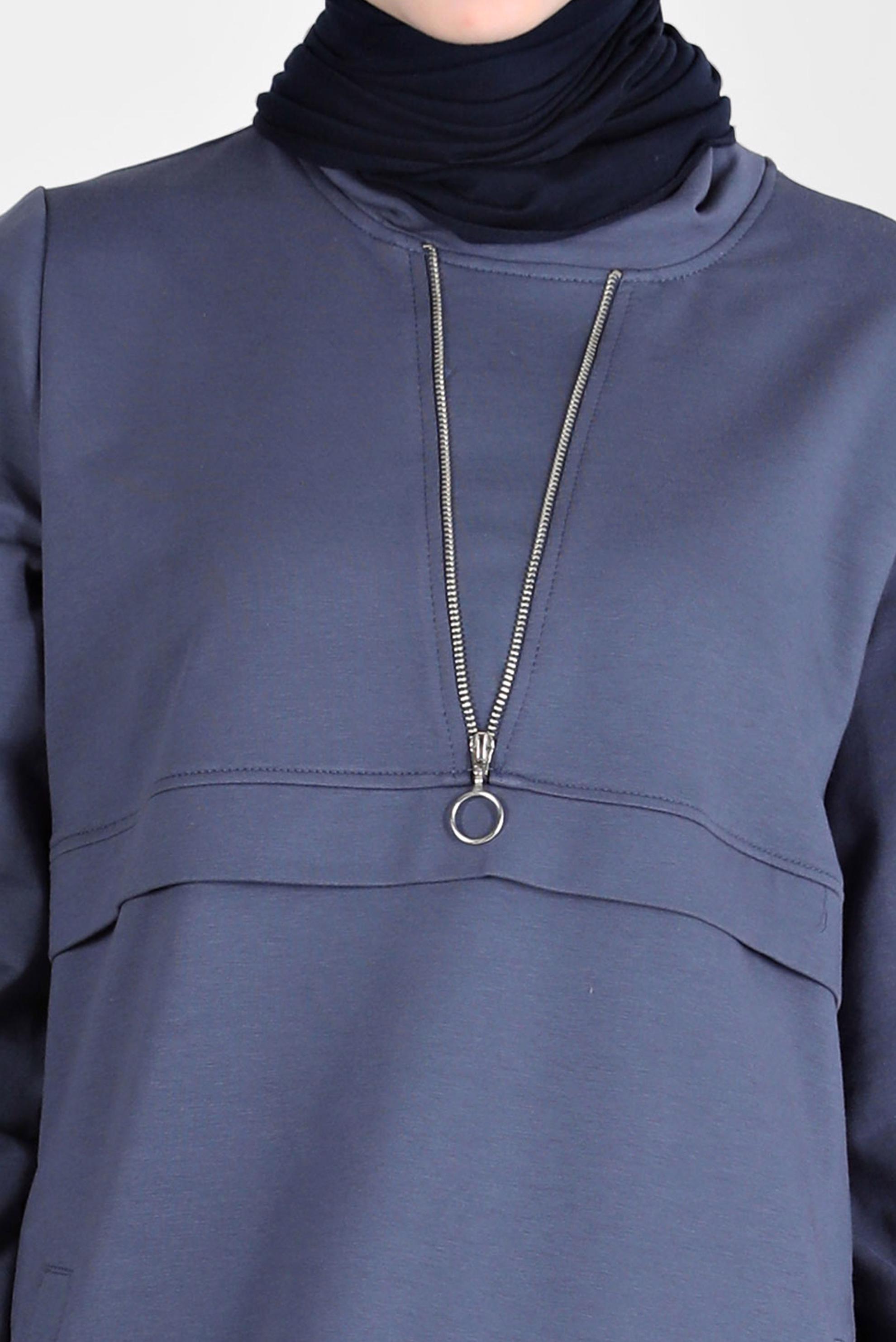 Tesettür giyim LACİVERT FERMUAR DETAYLI MANŞETLERİ LASTİKLİ EŞOFMAN TUNİK 41652 