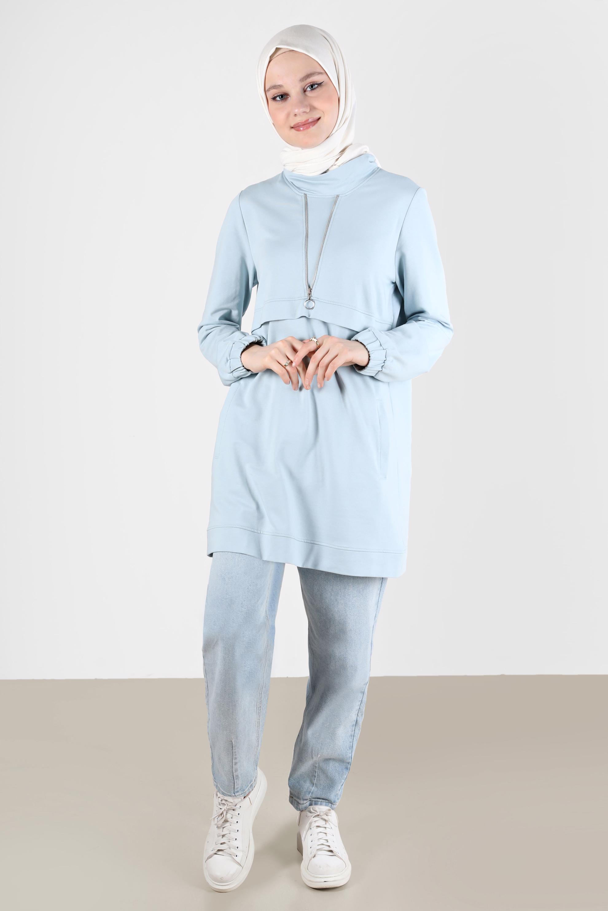 Tesettür giyim MAVİ FERMUAR DETAYLI MANŞETLERİ LASTİKLİ EŞOFMAN TUNİK 41652 