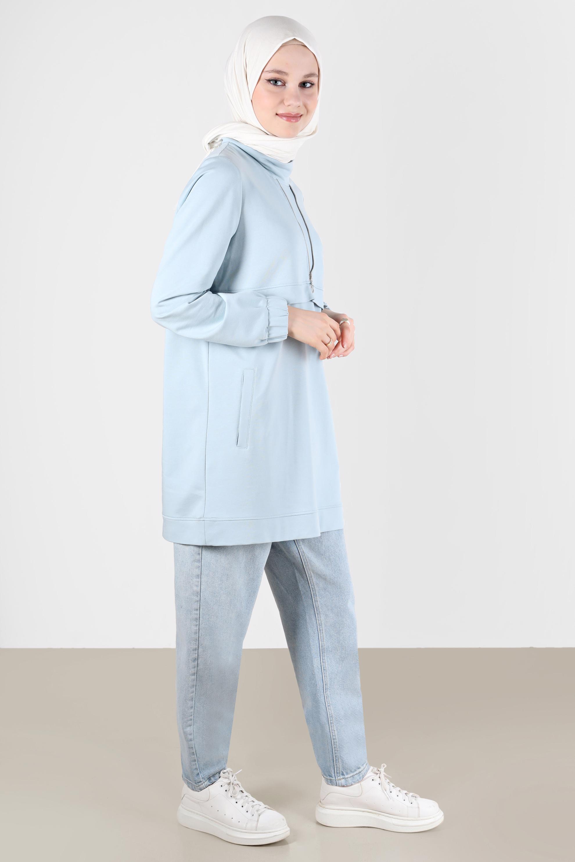 Tesettür giyim MAVİ FERMUAR DETAYLI MANŞETLERİ LASTİKLİ EŞOFMAN TUNİK 41652 