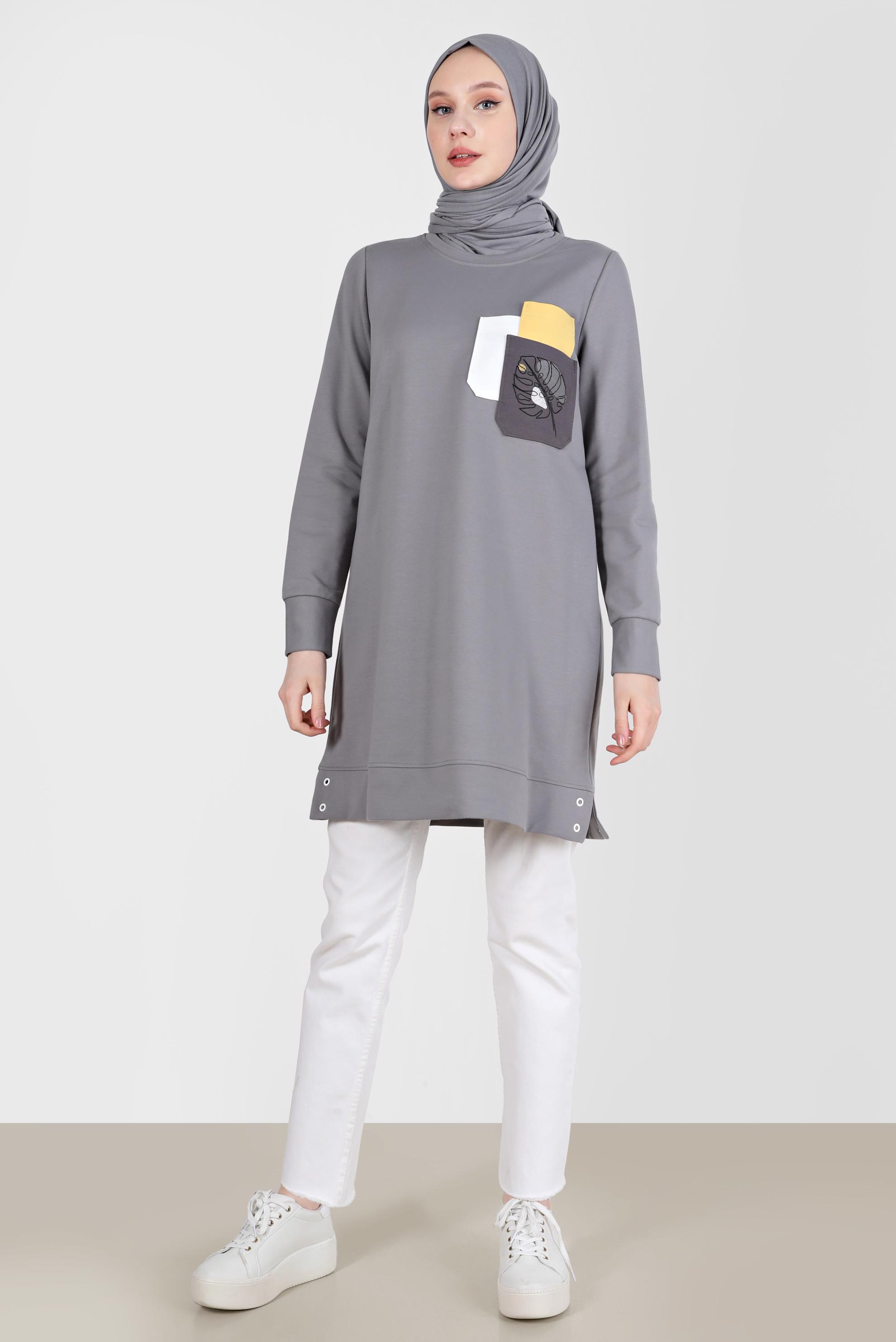 Tesettür giyim GRİ BASKI DETAYLI EŞOFMAN TUNİK 42275 