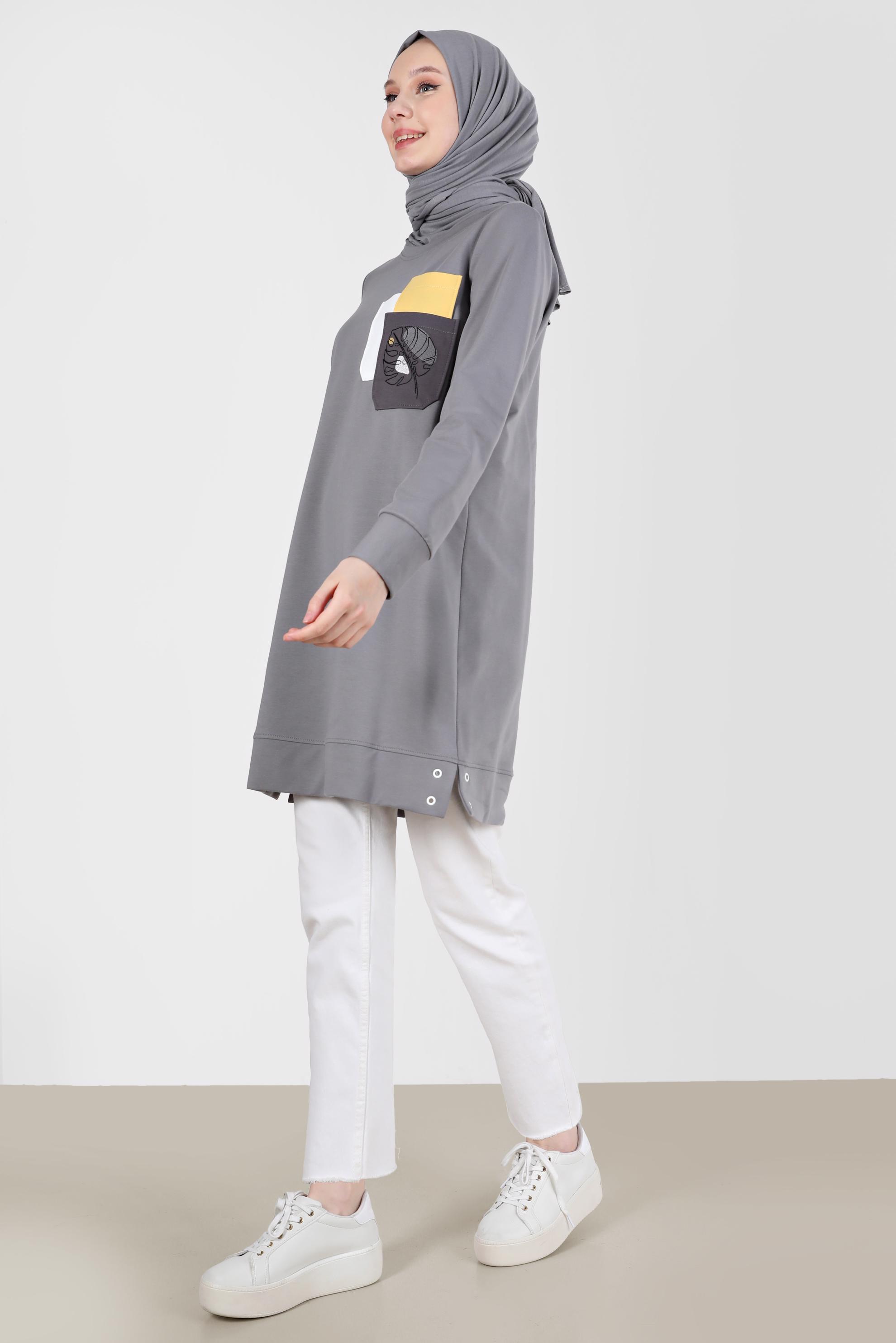 Tesettür giyim GRİ BASKI DETAYLI EŞOFMAN TUNİK 42275 